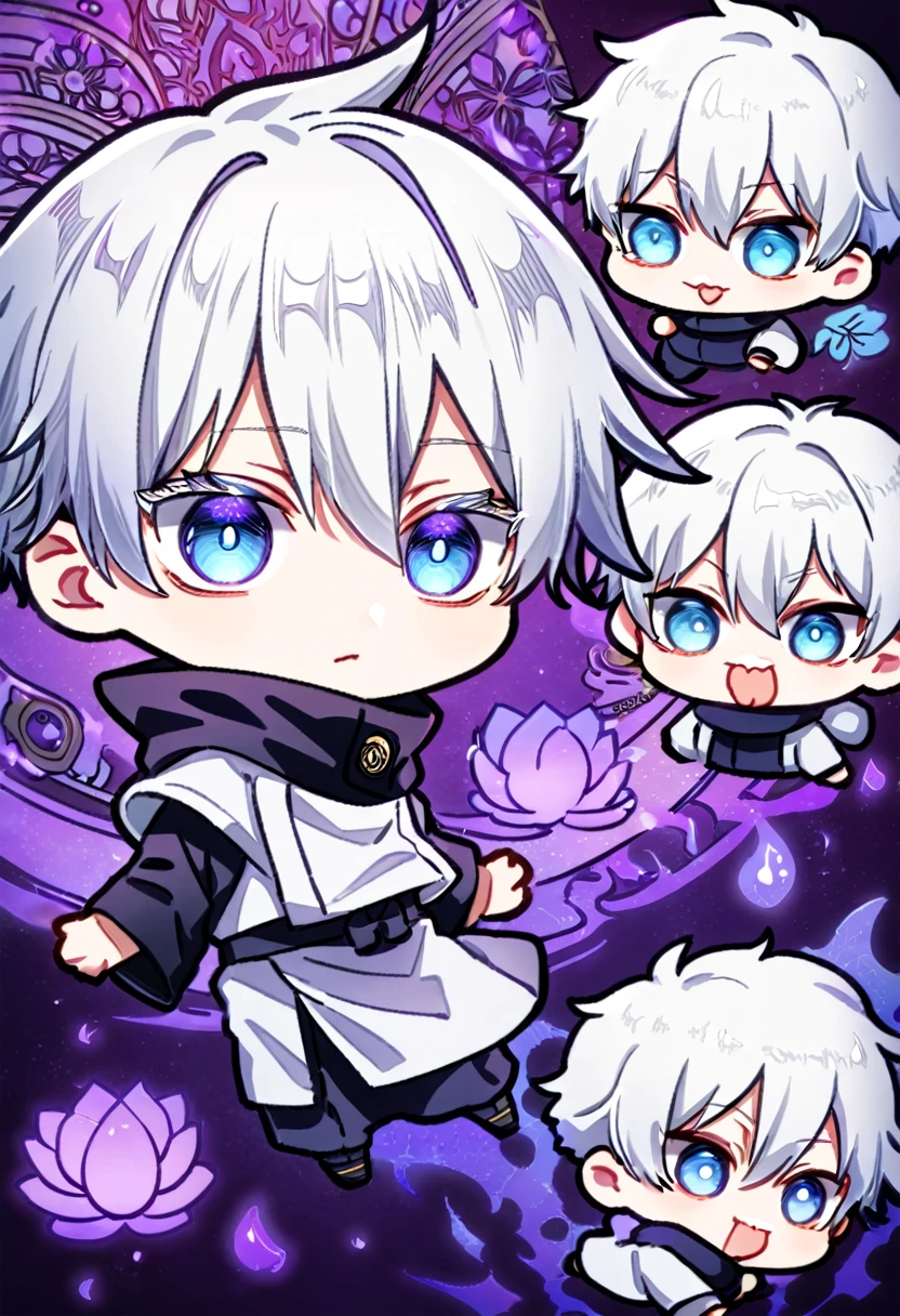 absurdres, highres, ultra detailed, HDR, master piece, best quality, Gojo Satoru chibi, white hair, with bangs, hair between the eyes, expressive blue eyes, white eyelashes, Jujutsu Kaisen, solo, cute, white jacket, black shirt, patterns, magical, fantasy, purple background, purple lotus, shining, purple petals