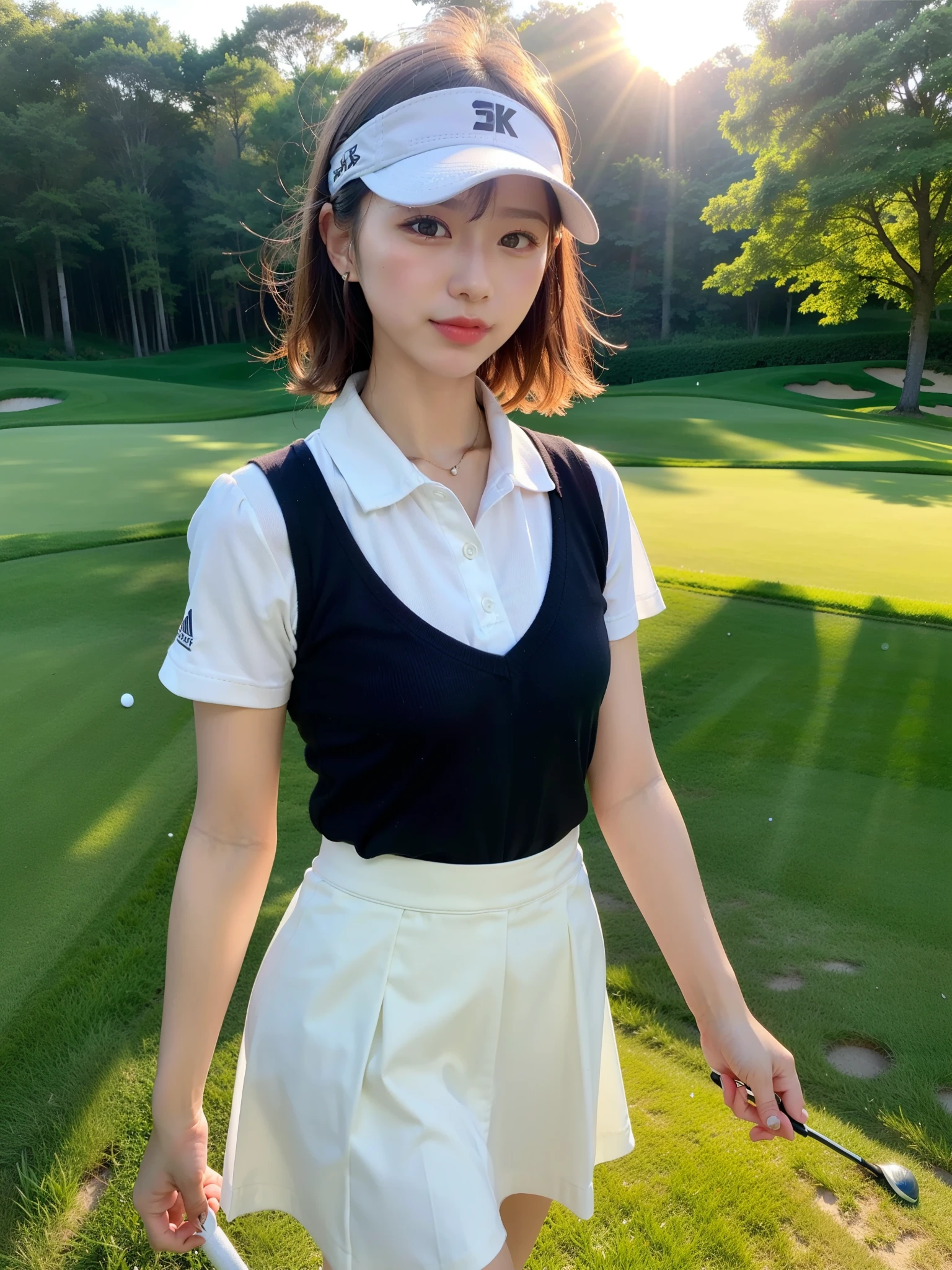 ((Best of the highest quality, 8k, Masterpiece, raw photo: 1.2)), (Sharp focus: 1.2), (1 AESPA, slim body type female, 21 y/o: 1.1), (Solo: 1.28), (realistic, photo-realistic:1.37), face focus, cute face, finely eyes, side lighting, using reflectors, (small breasts, flat chest, Thigh: 1.3), (short messy hair, updo: 1.28), (golf wear, skirt, sun visor: 1.32), (ribbon:1.2), walking Golf course, sun light, flower