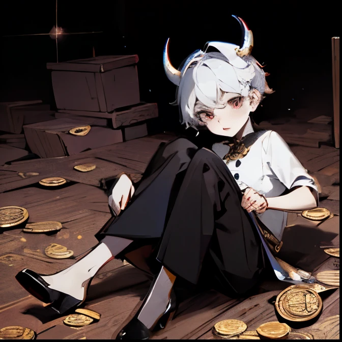 Tiny mischievous male demon with coins