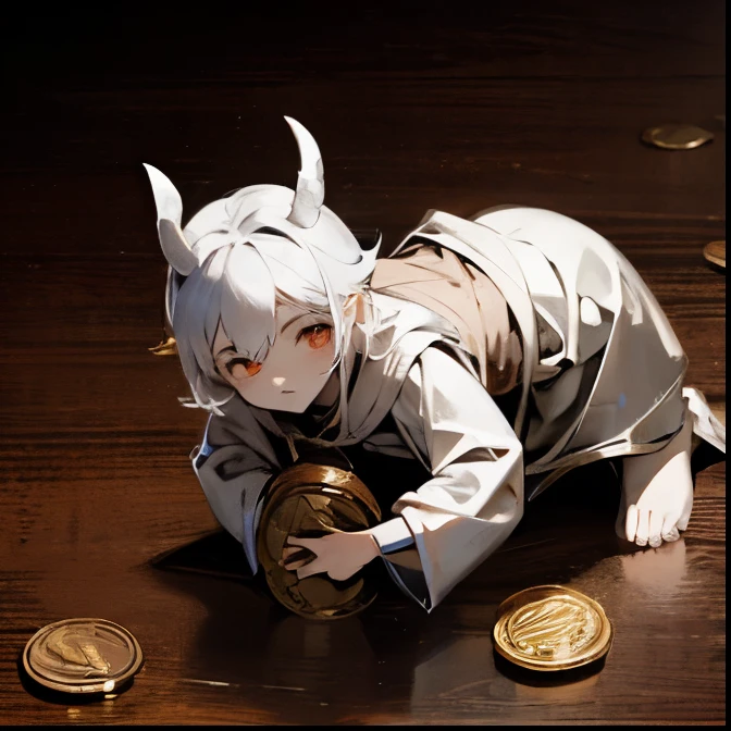 Tiny mischievous male demon with coins