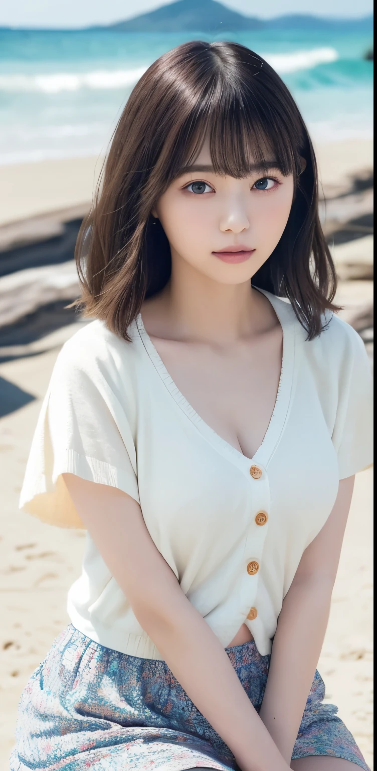 masterpiece, highest quality, 8k, 20th generation, Big Breasts, cute, alone, sad, cute, Girlish,cute 繊細な女の子, cute、Pure beauty, RAW Photos, Professional photography, Portraiture, Soft Light, Professional Lighting, Backlight, avert your eyes, Sophisticated, Film Grain, (Eye and facial details:1.0), Round face、Floating Hair, beautiful, Flowing hair, Asymmetrical bangs、(Big Breasts:1.0)、White cut and sew、pastel cardigan、Micro Mini Skirt、Voluptuous thighs、dolly make、Heterochromia iridis、Midsummer sky、Cumulonimbuidsummer Beach