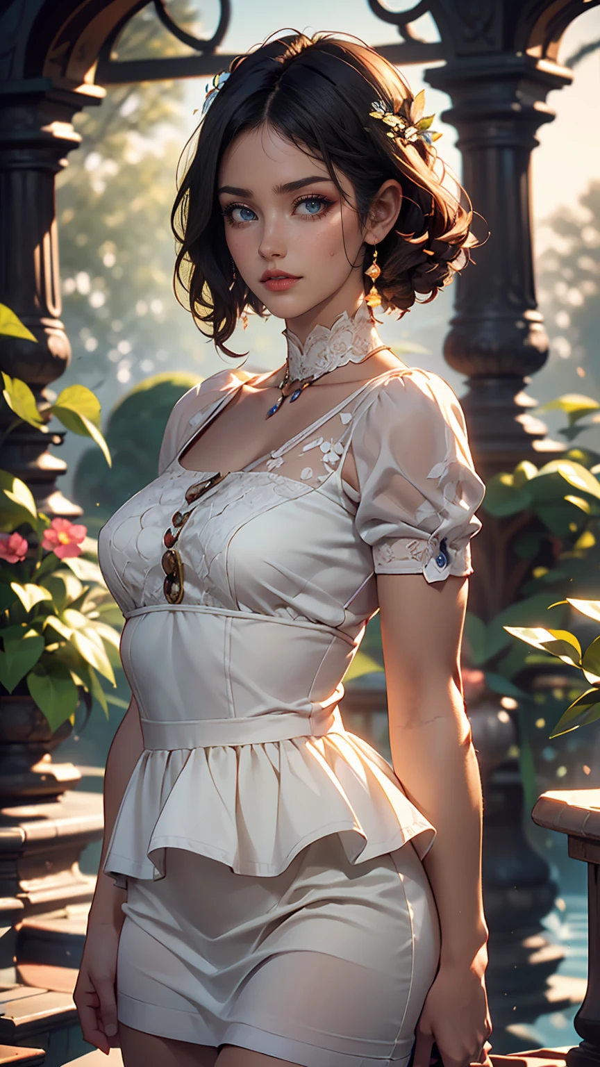 short hair, mmmm, (Sharp focus:1.2), photograph, Attractive Young Woman, (Beautiful Face:1.1), Fine grain, Seductive lips, (Bold red lip color:0.85), (Medium chest:1.0), (The body is slim:1.2), (Long Hair:1.2), wear (1980s Peplum Dress:1.2) in (botanical garden:1.2). (Moody lighting:1.2), Depth of written boundary, Bokeh, 4K, High resolution. by (James C. Christensen:1.2|Jeremy Lipking:1.1).