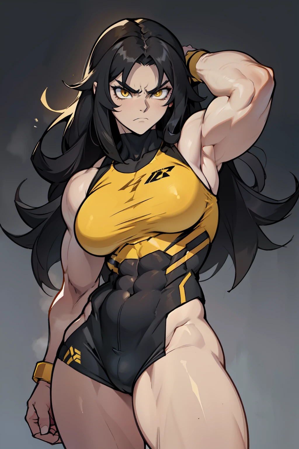 (1girl) pale skin huge breasts (muscular)) toned body thick thighs black hair yellow eyes (skimpy long hair grey background) bodybuilder angry