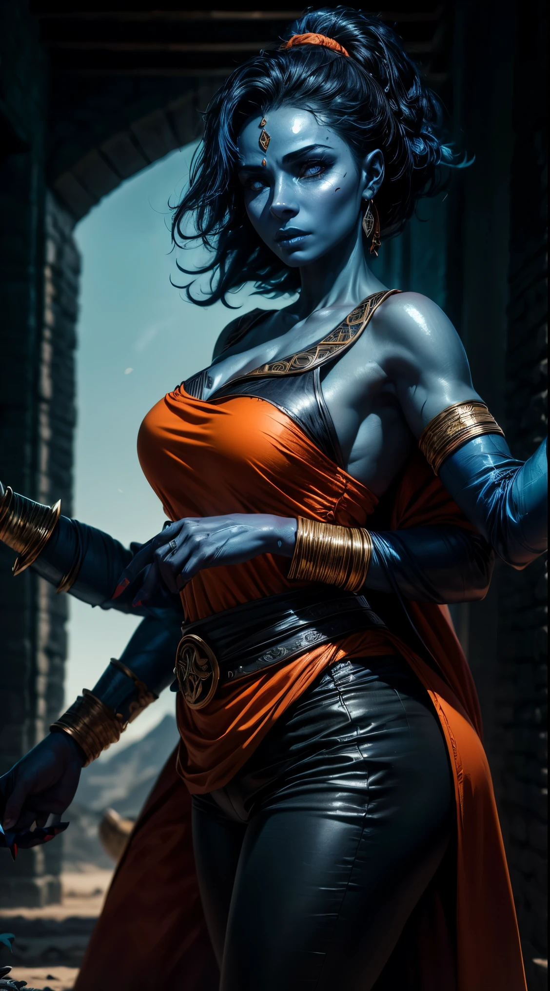 arab woman, (((blue skin))), (((four arms))), (((black hair))), indian woman, arabian, ((rogue battle orange robes)), pants, ponytail, arabic swords, field background .  (best quality,4k,8k,highres,masterpiece:1.2), HDR,UHD,studio lighting,ultra-fine painting,sharp focus,physically-based rendering,extreme detail description,professional, 