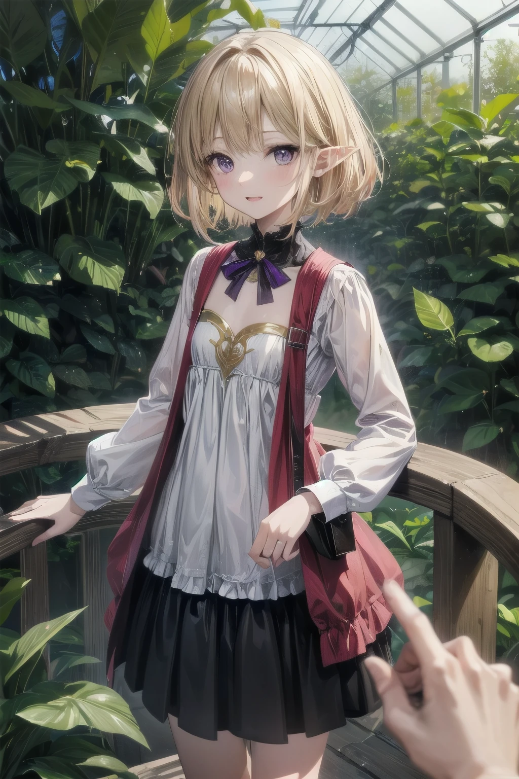 ((Masterpiece)), (Anime:1.3), ((best quality)), (super detail:1.2), (High Definition:1.3), (Professional Photography:1.2), wide shot, (), (1girl), cute young girl, (Smug), open mouth, (Beautiful purple eyes:1.3), (Glossy skin), ((elf girl)), (Gold embroidery Noble Shirt), (small chest), slim body, (loose blunt bangs), unruly hair, (medium hair), ((beautiful blond hair)), (put on noble laurel wreath), BREAK, ((best quality)), (princess pose), (on the tropical giant greenhouse), (sharp focus), (perfect light),