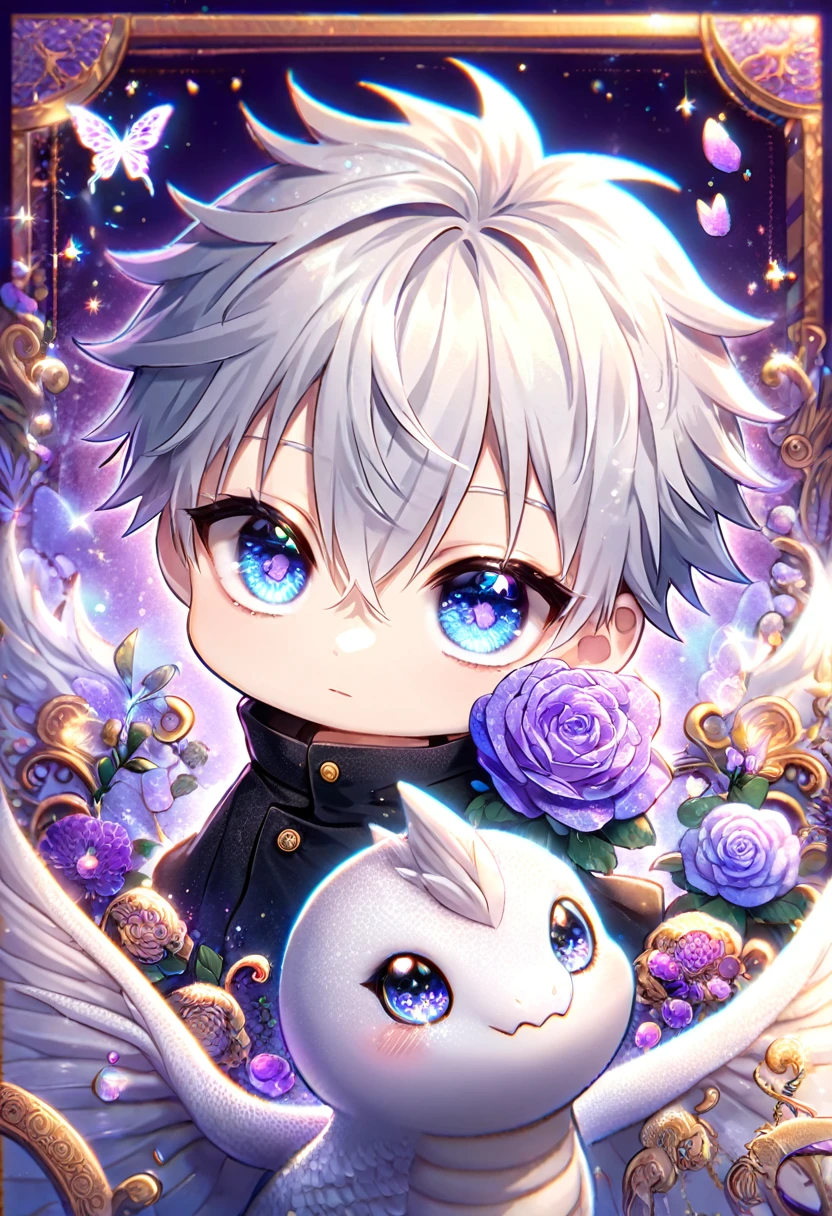 Ultra detailed, Highres, absurdres, HDR, Gojo Satoru chibi, white hair with bangs, expressive blue eyes, hair between the eyes, white eyelashes, black coat with patterns, Jujutsu Kaisen, black clothes, fantasy, glittering purple butterflies, petals, handsome, man, solo, very detailed eyes and face, master piece, glittering, purple flowers, black pants, purple background, together with a white dragon,