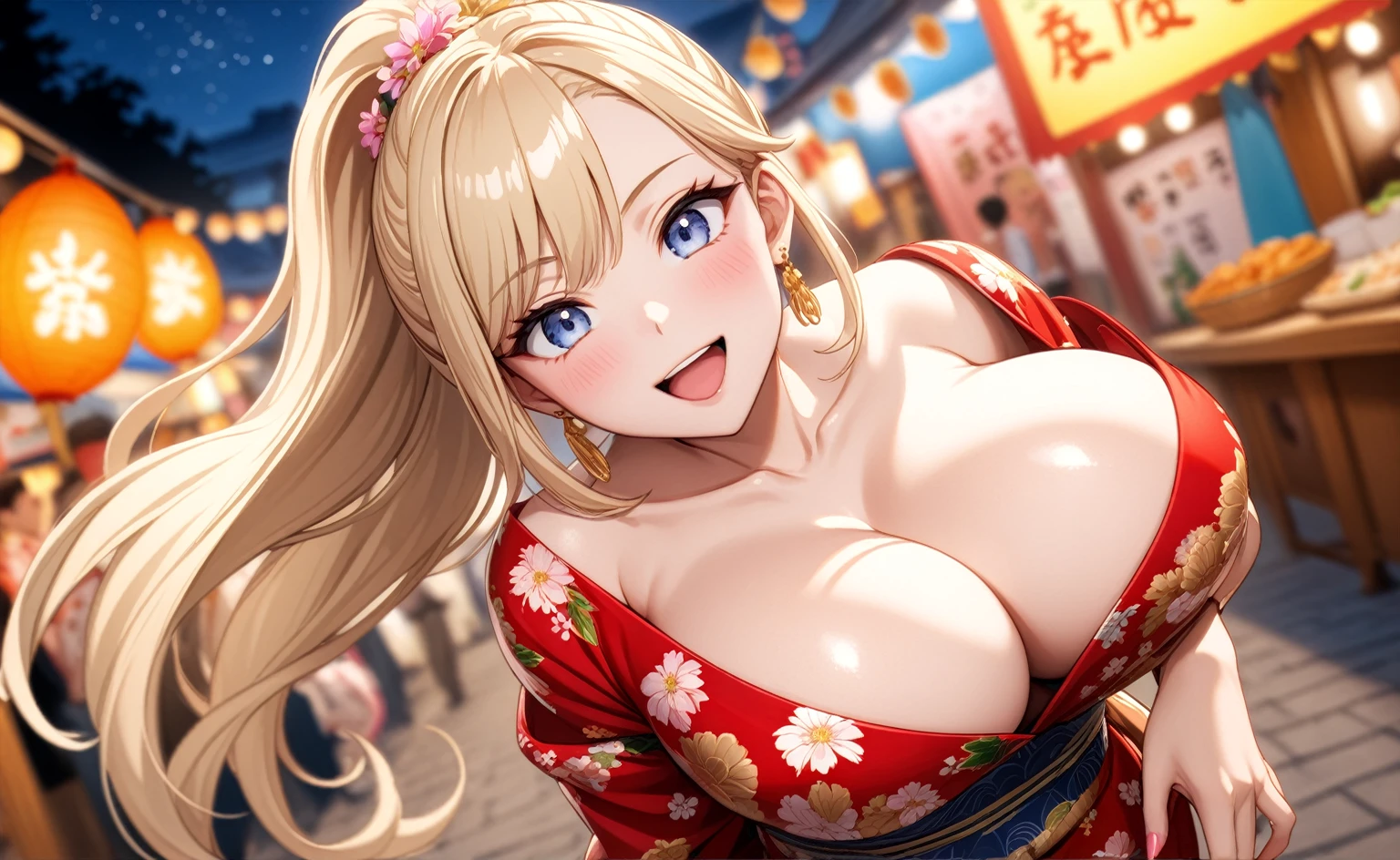 ((One girl)), Beautiful smile,Very happy expression,Open your mouth wide,Glossy Lips,Abstract, night,Festival food stalls, ((Anime style background)),masterpiece, highest quality, so beautiful, Absurd, up to date, Complex details, Pink long nails,AI-generated, Complex,High resolution, highest quality, super high quality,3D Images、View the viewers、3D Images,one person,Long Blonde Hair,High Ponytail,blue eyes,Anime woman posing for a photo, [[Fine grain、Colorful eyes、Shining Eyes:1.15]],(Squint your eyes:1.1),a hyperRealistic , hyperRealistic , Realistic , Blonde anime woman with long hair, Smooth anime CG art, A woman in a colorful kimono with gold embroidery, Floral Yukata,Gorgeous kimono,Flower Hair Ornaments,Earrings,(Large Breasts:1.3),Mature Body,tall,Big Ass,Fine details,Abdominal muscles,Tilt your face,Shooting from an angle