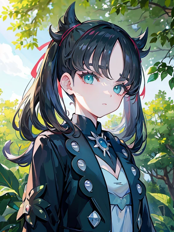 ((marnie pokemon)), asymmetrical bangs, green eyes, black jacket, 1girl, solo, all coming together under a (canopy of a leafy trees), beautiful, masterpiece, best quality, extremely detailed face, perfect lighting, detail eyes