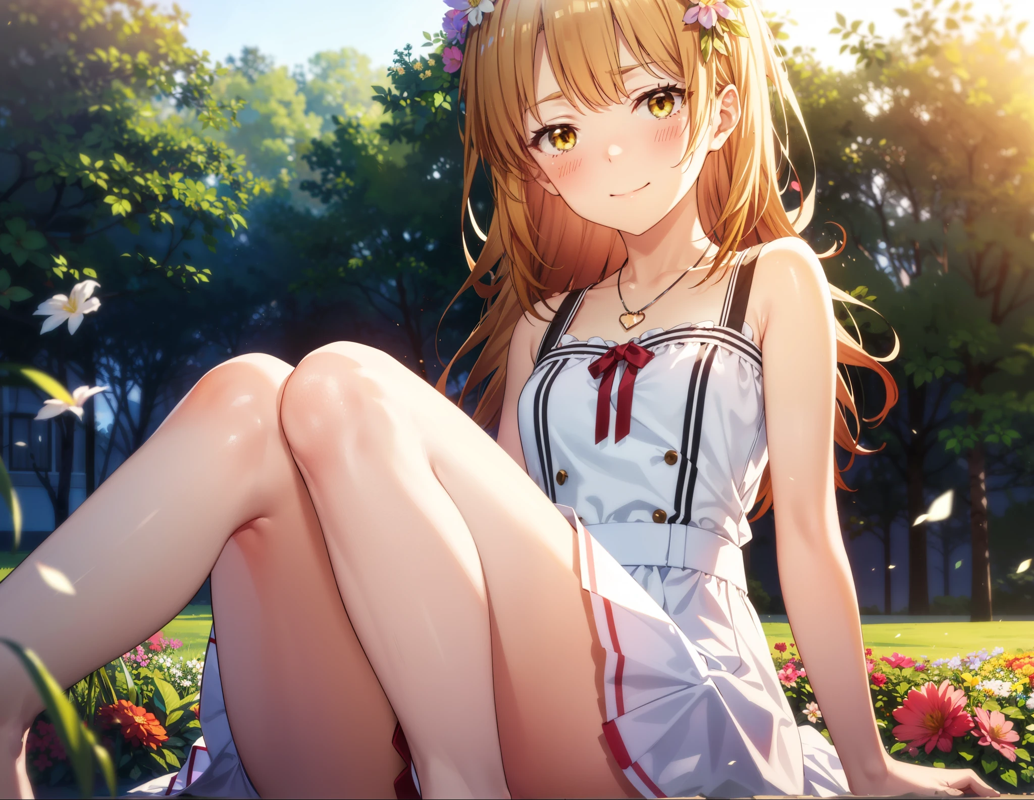 irohaisshiki, iroha isshiki, Long Hair, Brown Hair, (Brown eyes:1.5), Medium chest, Squint both eyes,blush,happy smile, smile, Shut your mouth.,White Sleeveless Dress,Bare arms,Heart Pendant,Long skirt,Barefoot flower crown,whole bodyがイラストに入るように,Sitting,Looking up from below,
break looking at viewer, whole body,
break outdoors, nature,Flower Field,Large Lake,
break (masterpiece:1.2), highest quality, High resolution, unity 8k wallpaper, (shape:0.8), (Beautiful details:1.6), Highly detailed face, Perfect lighting, Extremely detailed CG, (Perfect hands, Perfect Anatomy),