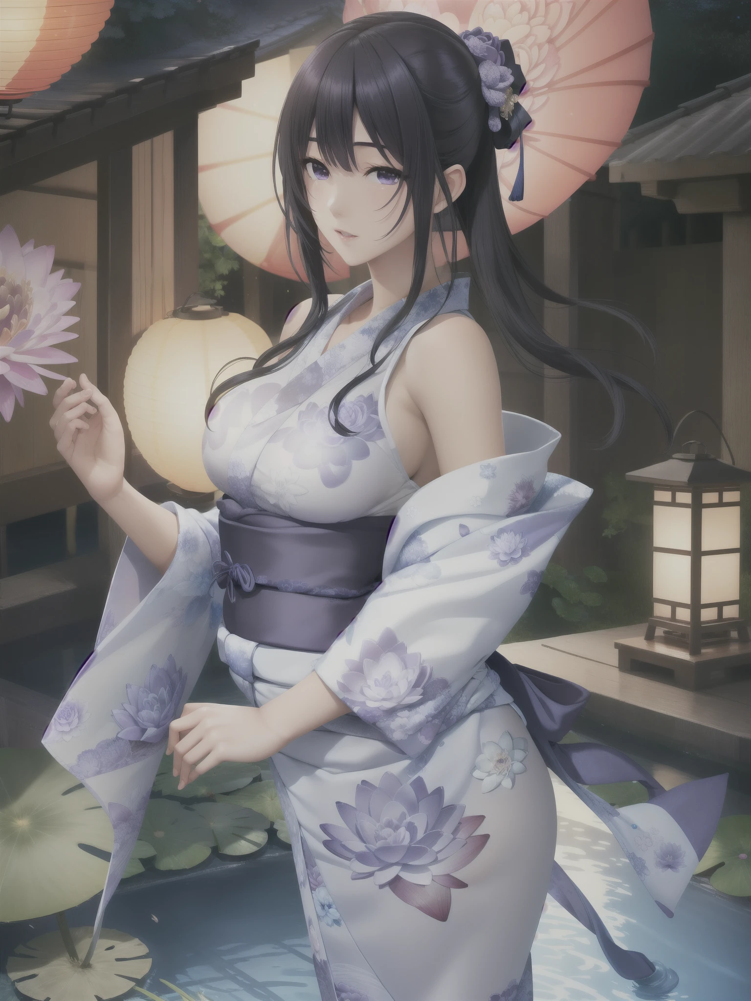 Armpit Show,Sleeveless,masterpiece, highest quality,  Lantern, festival, firework, night, null, Outdoor, Absurd, High resolution, Water Lily_S2S, One girl, alone, Long Hair, Black Hair, Purple eyes, kimono, sash, heart, Floral print, yukata,