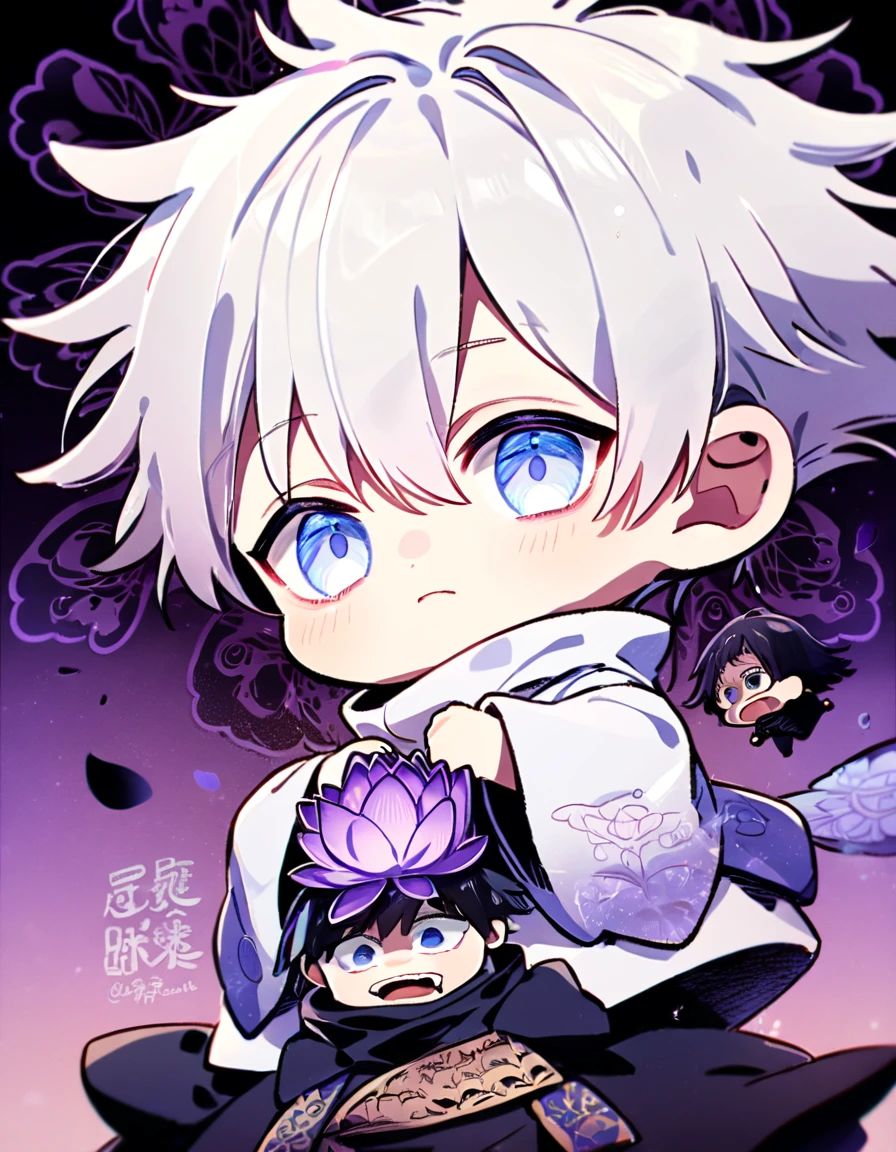 absurdres, highres, ultra detailed, HDR, master piece, best quality, Gojo Satoru chibi, white hair, with bangs, hair between the eyes, expressive blue eyes, white eyelashes, Jujutsu Kaisen, solo, cute, white jacket, black shirt, patterns, magical, fantasy, purple background, purple lotus, shining, purple petals