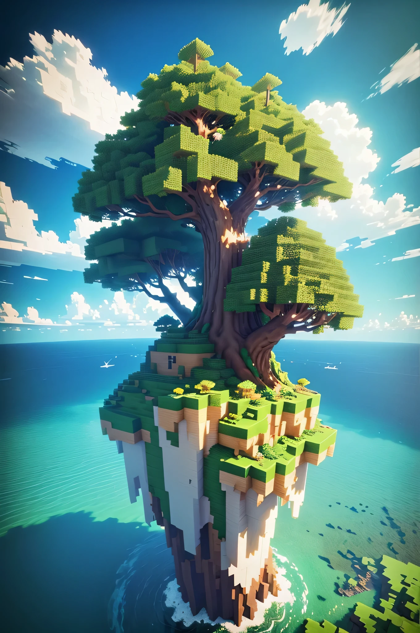 a green tree on a small island with a sky background, floating and flying island, flying island, magicavoxel, voxel, high quality voxel art, blocky like minecraft, floating island, voxel art, stylized 3 d, floating island in the sky, voxels, voxelart, voxel based world, lineless