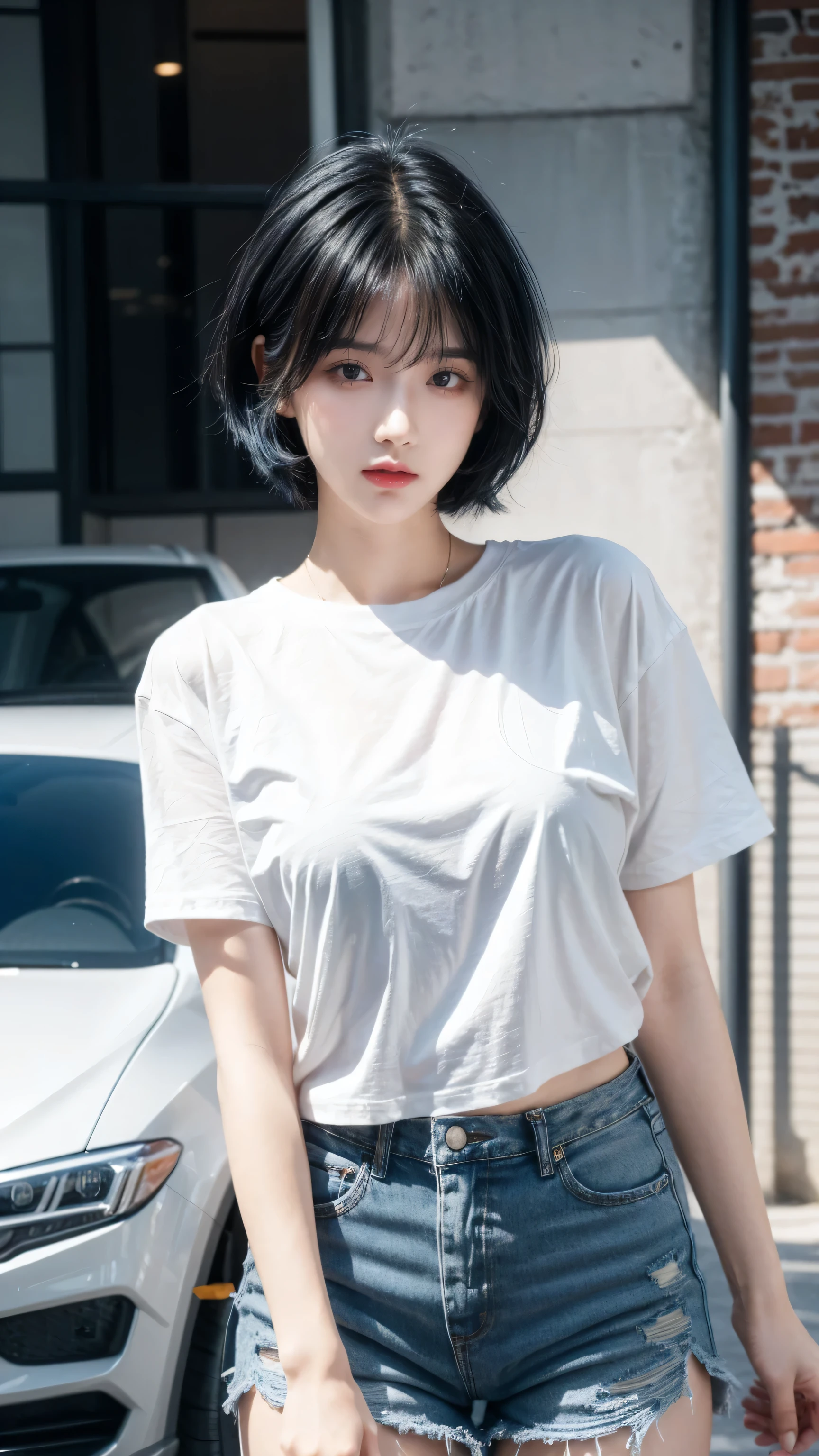 best quality, 1 Girl, dark blue hair, black eyes, Very short hair, Spiky hair, white oversize t-shirt, High waist short jeans, 171 cm, Messy hair, Hair between the eyes, Medium , full, Tomboy, aldult, 20 years old, 1 Girl near red motorcycle