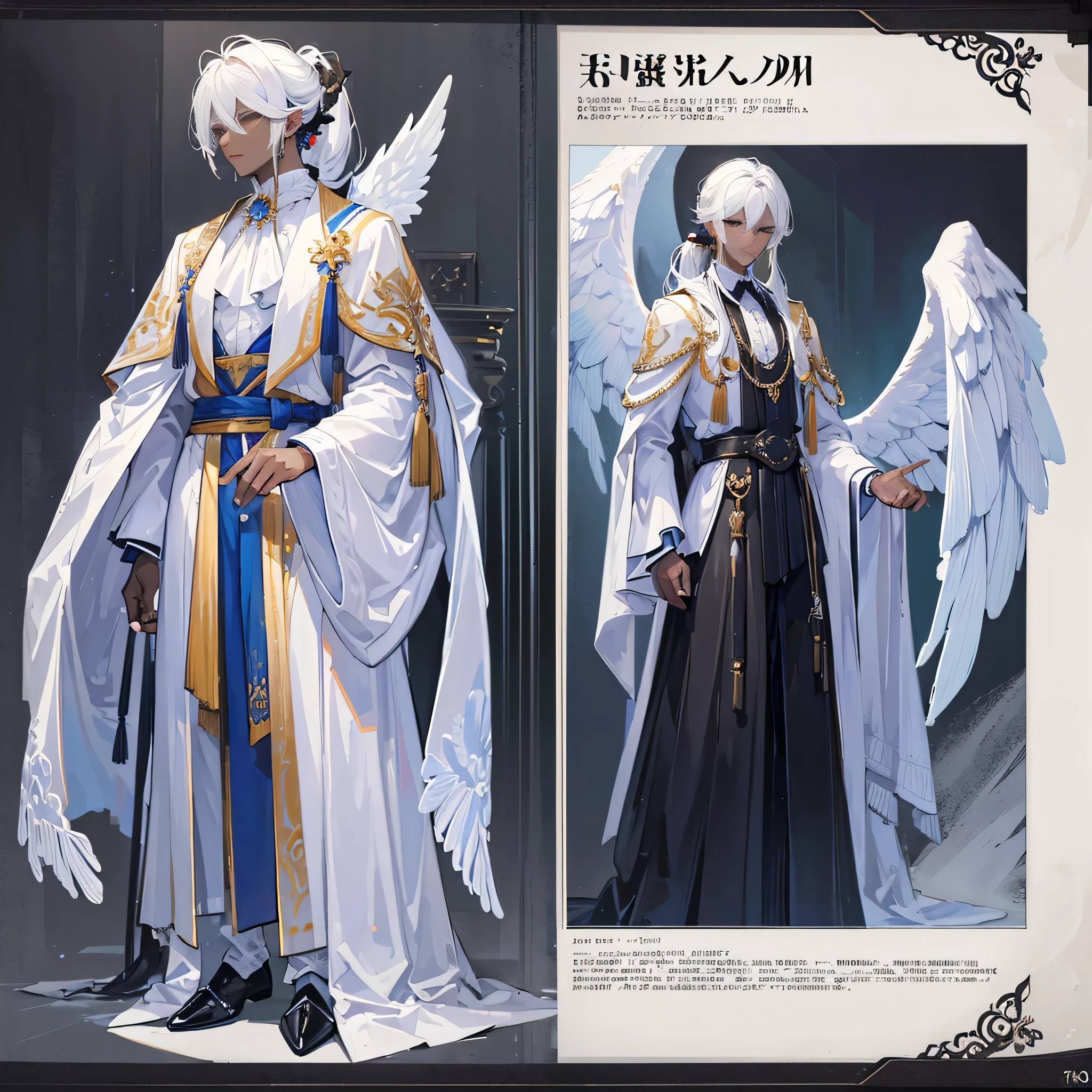 ((Masterpiece, Highest quality)), Male, boy, Detailed face, character design sheet，full bodyesbian, Full of details, frontal body view, back body view, Highly detailed, character sheet, character design, Many parts, dark skin, angel wings, white hair, angel outfit, Muscle boy with white long ponytail hair，handsome man, male angel , man tall