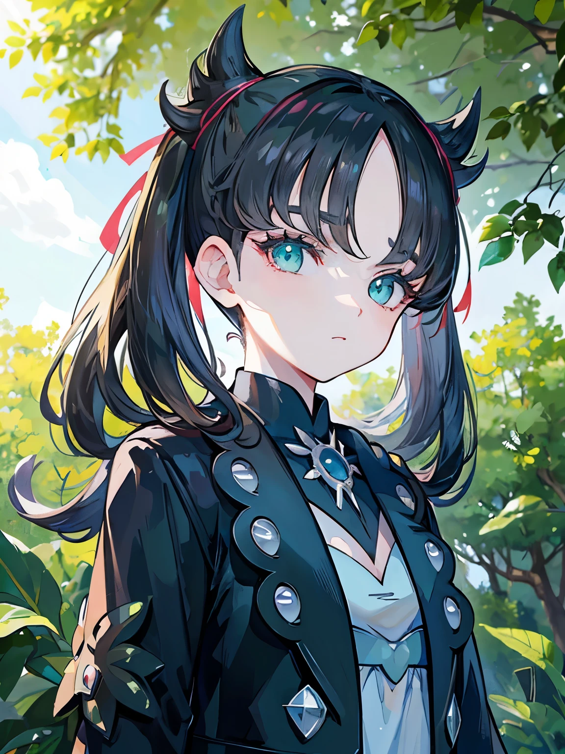 ((marnie pokemon)), asymmetrical bangs, green eyes, black jacket, 1girl, solo, all coming together under a (canopy of a leafy trees), beautiful, masterpiece, best quality, extremely detailed face, perfect lighting, detail eyes