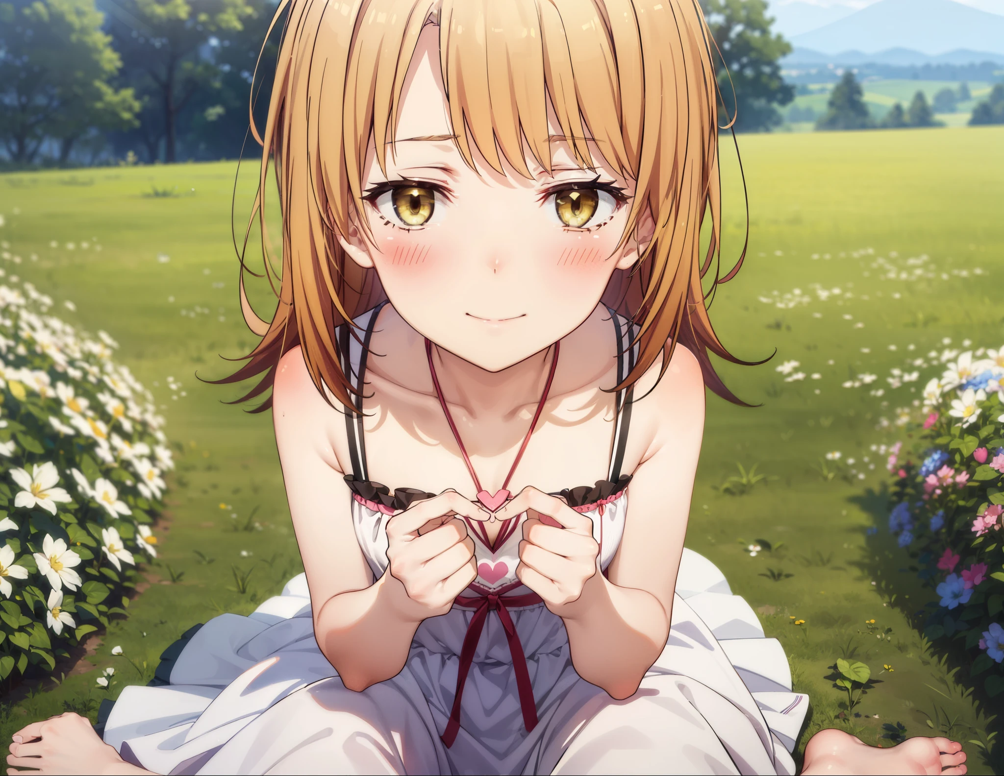 irohaisshiki, iroha isshiki, One Girl,Long Hair, Brown Hair, (Brown eyes:1.5), Medium chest, Squint both eyes,blush,happy smile, smile, Shut your mouth.,White Sleeveless Dress,Bare arms,Heart Pendant,Long skirt,Barefoot flower crown,whole bodyがイラストに入るように,Sitting,Looking up from below,
break looking at viewer, whole body,
break outdoors, nature,Flower Field,Large Lake,
break (masterpiece:1.2), highest quality, High resolution, unity 8k wallpaper, (shape:0.8), (Beautiful details:1.6), Highly detailed face, Perfect lighting, Extremely detailed CG, (Perfect hands, Perfect Anatomy),