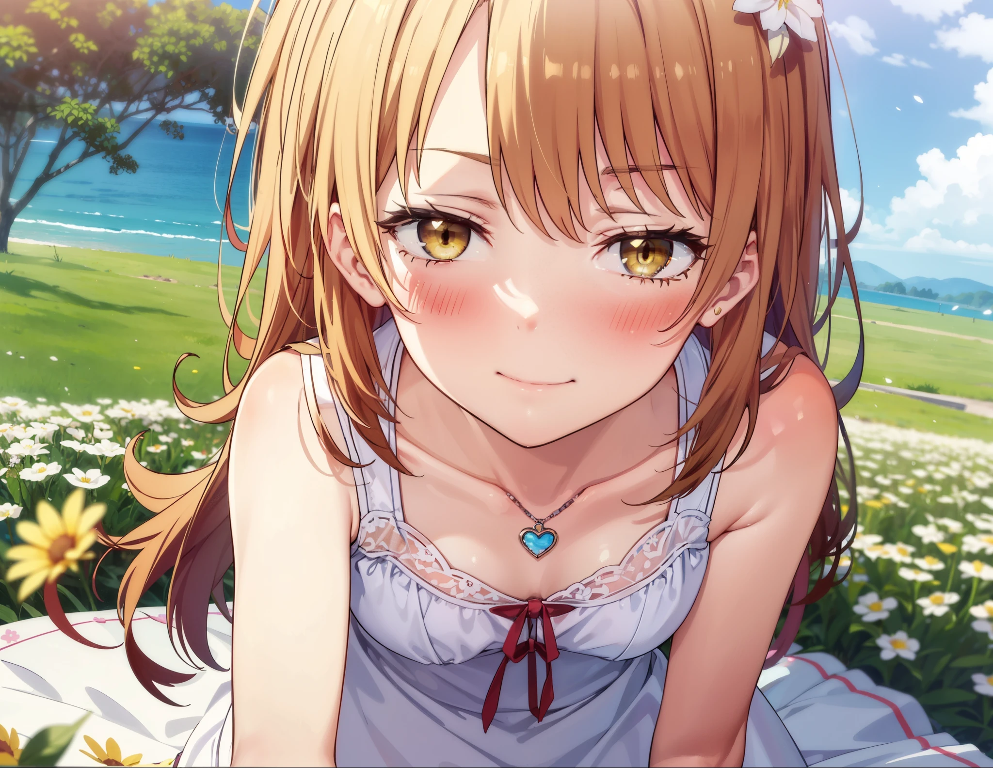 irohaisshiki, iroha isshiki, One Girl,Long Hair, Brown Hair, (Brown eyes:1.5), Medium chest, Squint both eyes,blush,happy smile, smile, Shut your mouth.,White Sleeveless Dress,Bare arms,Heart Pendant,Long skirt,Barefoot flower crown,whole bodyがイラストに入るように,Sitting,Looking up from below,
break looking at viewer, whole body,
break outdoors, nature,Flower Field,Large Lake,
break (masterpiece:1.2), highest quality, High resolution, unity 8k wallpaper, (shape:0.8), (Beautiful details:1.6), Highly detailed face, Perfect lighting, Extremely detailed CG, (Perfect hands, Perfect Anatomy),