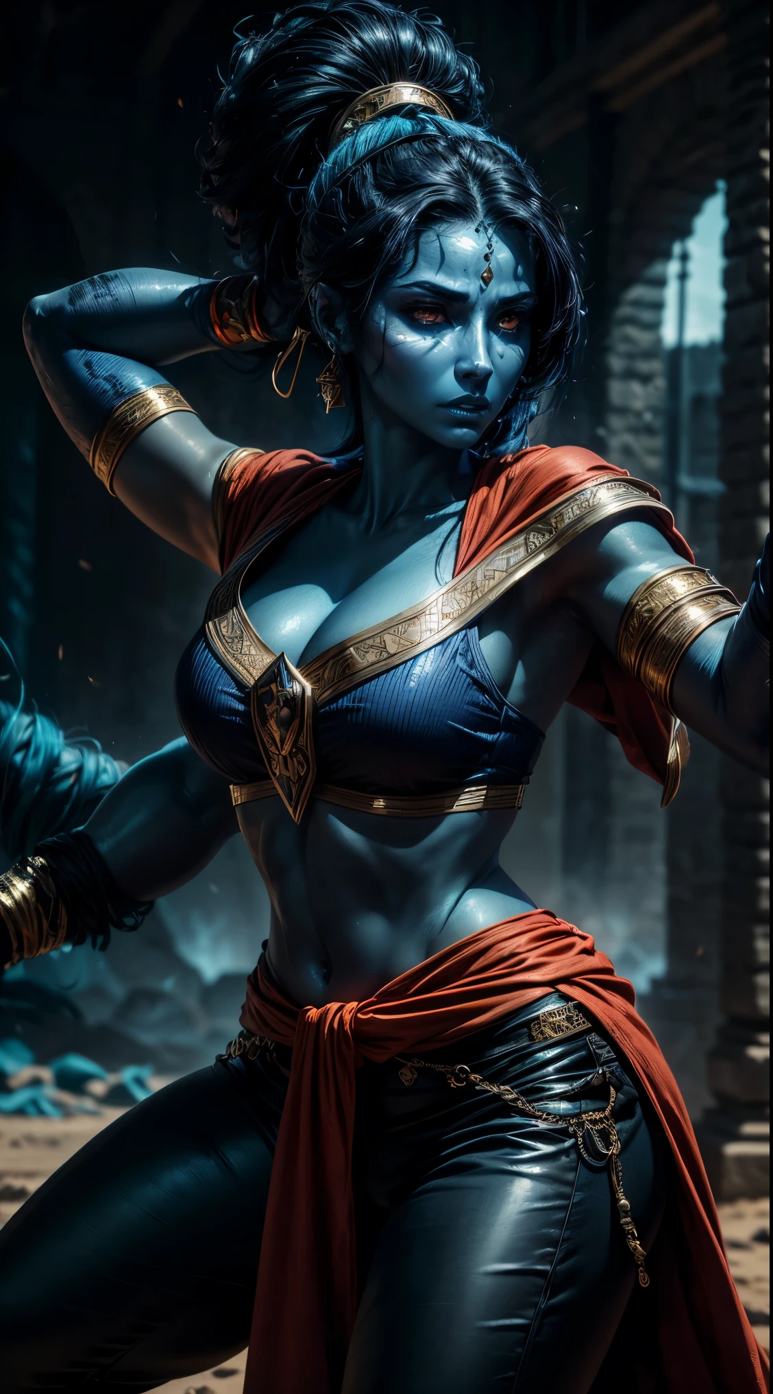 arab woman, (((blue skin))), (((four arms))), (((black hair))), indian woman, arabian, ((rogue battle orange robes)), pants, ponytail, arabic swords, field background .  (best quality,4k,8k,highres,masterpiece:1.2), HDR,UHD,studio lighting,ultra-fine painting,sharp focus,physically-based rendering,extreme detail description,professional, 