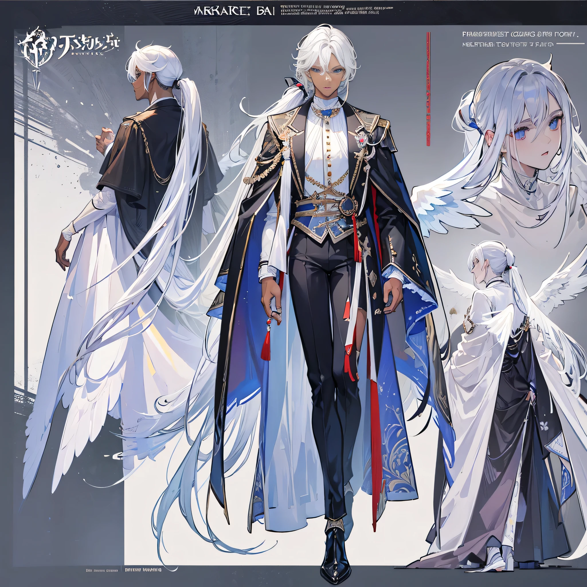 ((Masterpiece, Highest quality)), Male, boy, Detailed face, character design sheet，full bodyesbian, Full of details, frontal body view, back body view, Highly detailed, character sheet, character design, Many parts, dark skin, angel wings, white hair, angel outfit, Muscle boy with white long ponytail hair，handsome man, male angel , man tall