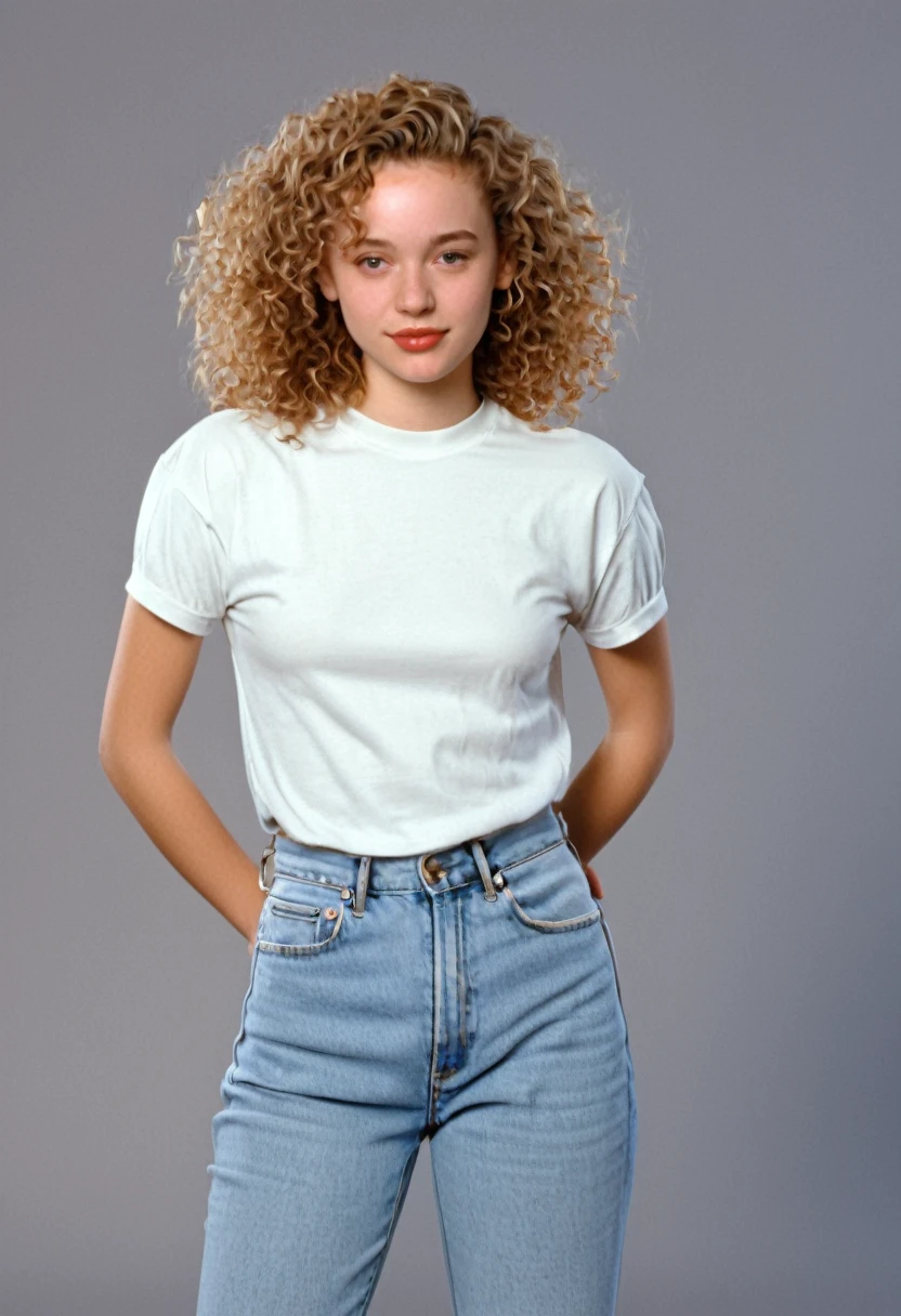 1996 clothing style, twenty year old woman, shoulder length curly sandy hair, 90s clothing, 1990s, studio portrait, shy and demure pose, photorealism, high quality, 8k, 150lbs, 90s style, 1990s, tee shirt and jeans, no background, standing