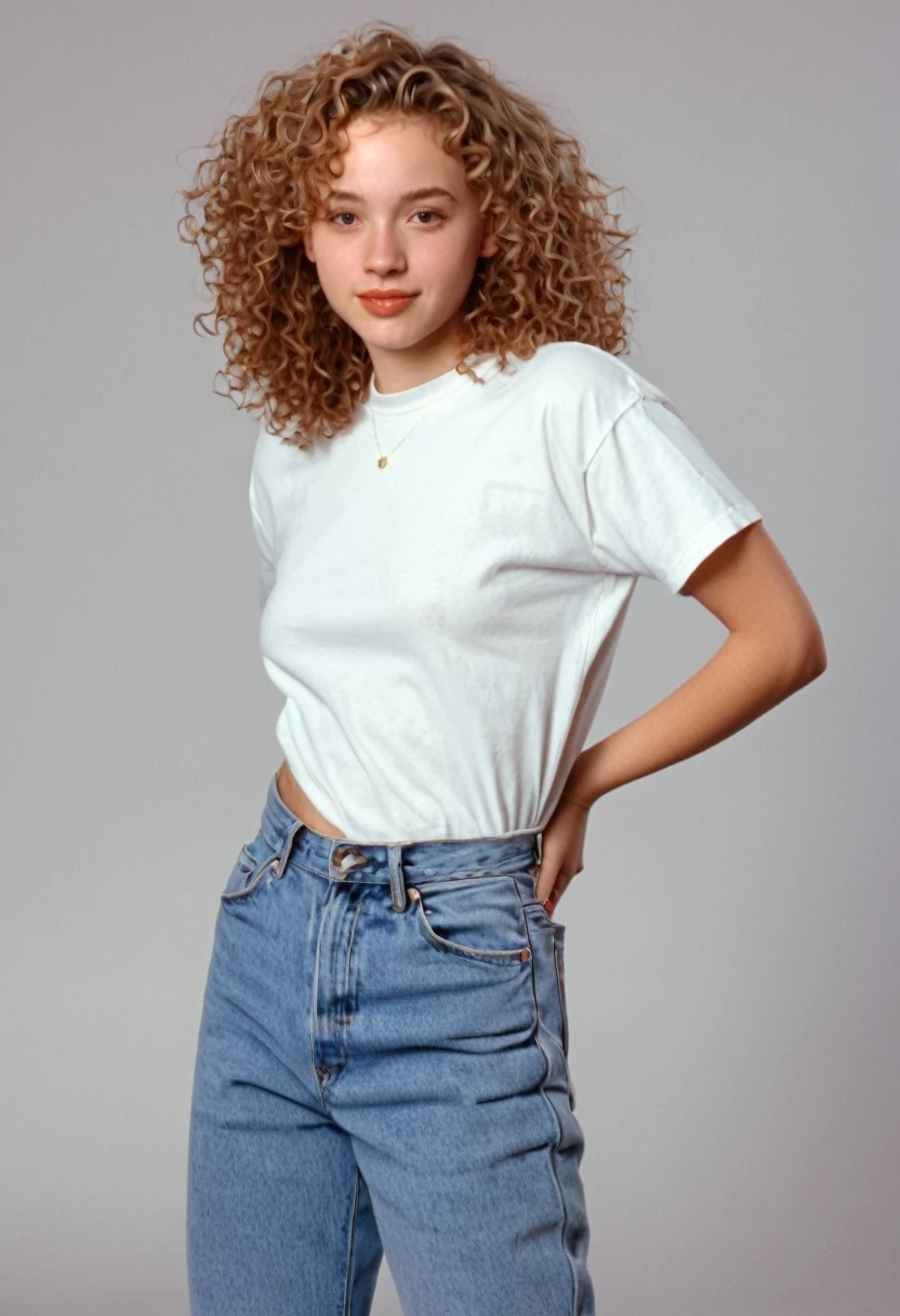 1996 clothing style, twenty year old woman, shoulder length curly sandy hair, 90s clothing, 1990s, studio portrait, shy and demure pose, photorealism, high quality, 8k, 150lbs, 90s style, 1990s, tee shirt and jeans, no background, standing