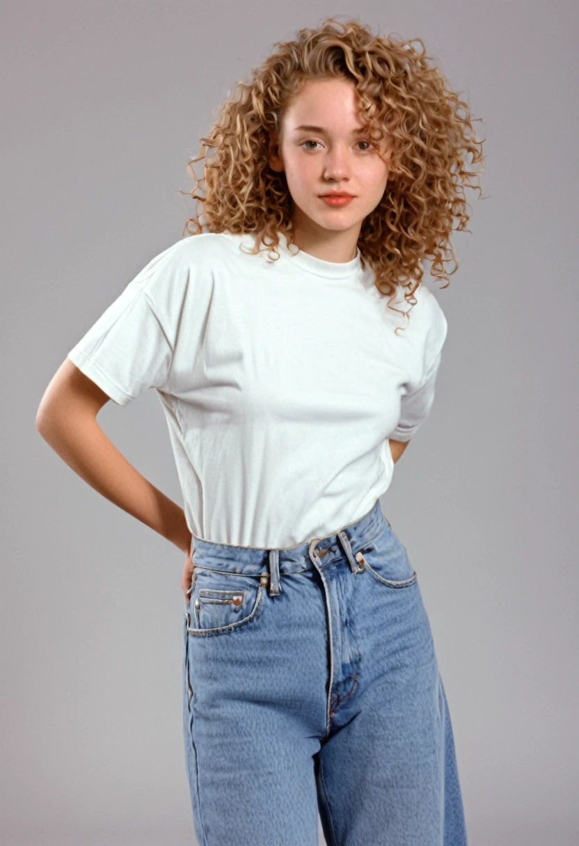 1996 clothing style, twenty year old woman, shoulder length curly sandy hair, 90s clothing, 1990s, studio portrait, shy and demure pose, photorealism, high quality, 8k, 150lbs, 90s style, 1990s, tee shirt and jeans, no background, standing