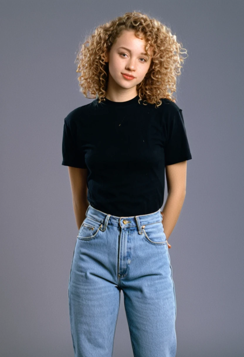 1996 clothing style, twenty year old woman, shoulder length curly sandy hair, 90s clothing, 1990s, studio portrait, shy and demure pose, photorealism, high quality, 8k, 150lbs, 90s style, 1990s, tee shirt and jeans, no background, standing