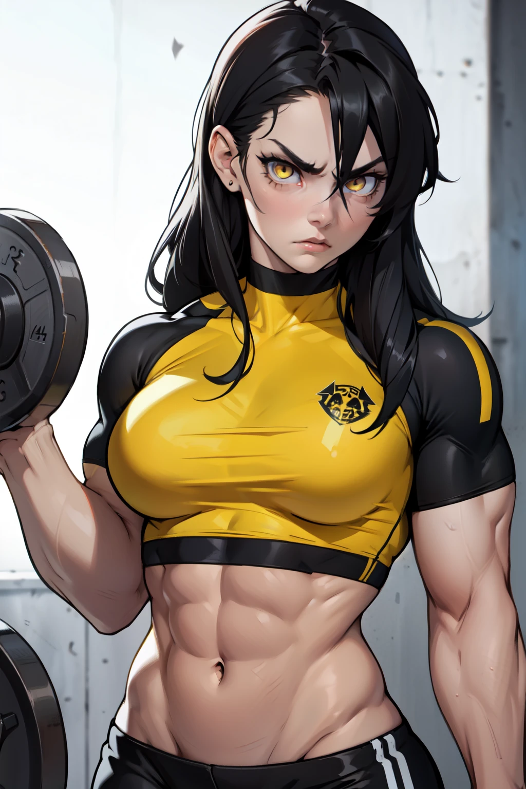 angry ((((1girl)))) (((bodybuilder))) pale skin black hair very long hair yellow eyes midriff
