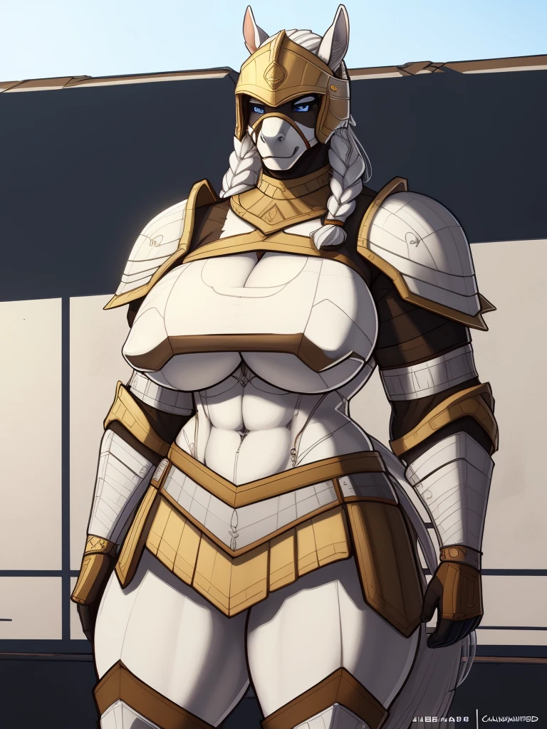 muscular_mature_horse female white_mane long_single_braid gray_furry_body blue_eyes solo Masterpiece best_quality absurdres highly_detailed heavy_roman_armor helmet cleanly_drawn_eyes anthro_only angry by_claweddrip, by_greasymojo, by_underscore-b, by_runawaystride