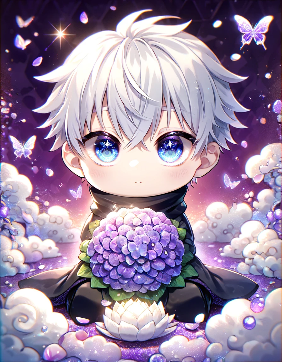 Ultra detailed, Highres, absurdres, HDR, Gojo Satoru chibi, white hair with bangs, expressive blue eyes, hair between the eyes, white eyelashes, black coat with patterns, Jujutsu Kaisen, black clothes, fantasy, glittering purple butterflies, petals, handsome, man, solo, very detailed eyes and face, master piece, glittering, purple flowers, black pants, purple background, together with a white dragon,