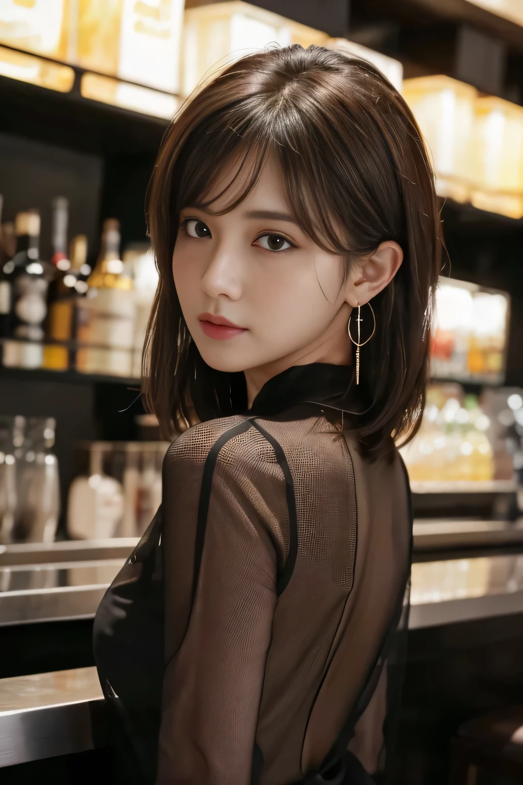 masterpiece, highest quality, Realistic, Very detailed, Finer details, High resolution, 8k wallpaper, One beautiful woman, Wear a black see-through shirt, Great bar counter, At night, Light brown shaggy haircut, Perfect dynamic composition, Beautiful and beautiful eyes、Big earrings、Back view、