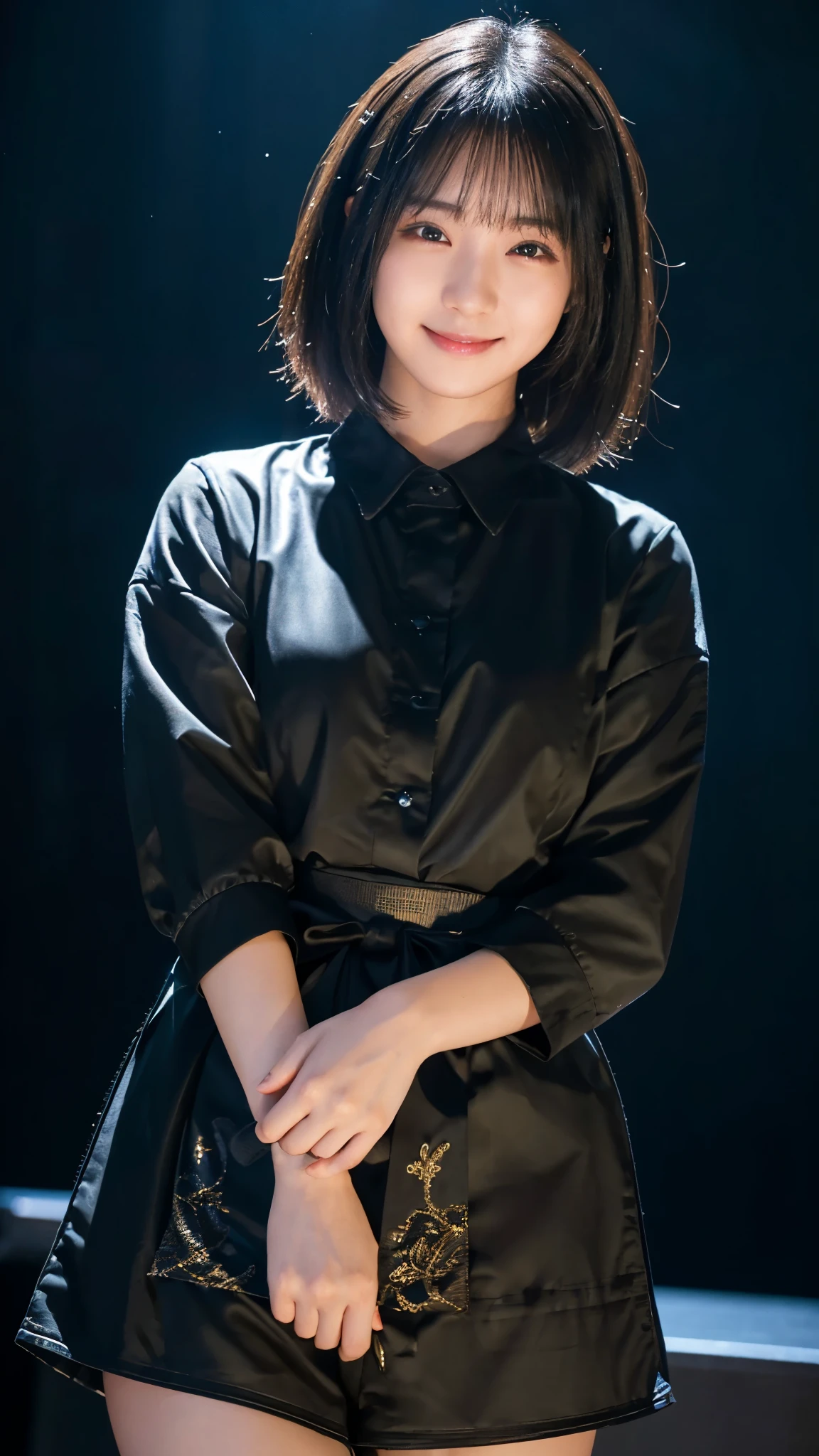 (highest quality,masterpiece:1.3,Ultra-high resolution),(Super detailed,Caustics,8k), (Photorealistic:1.4, RAW shooting),darkness,On stage,Japanese,20-year-old,smile,Black Hair Middle Hair,Black Shirt,Waist up shot