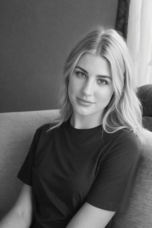 a selfie of a 25 year old girl, (Kaley Cuoco:0.8),  (Camilla Belle:0.9), (eugenie bouchard), taken with iphone camera , smirk, arm raised, beauty, beautiful girl, black and white photography, hard contrast, hard shadows, t-shirt dress, on a couch 