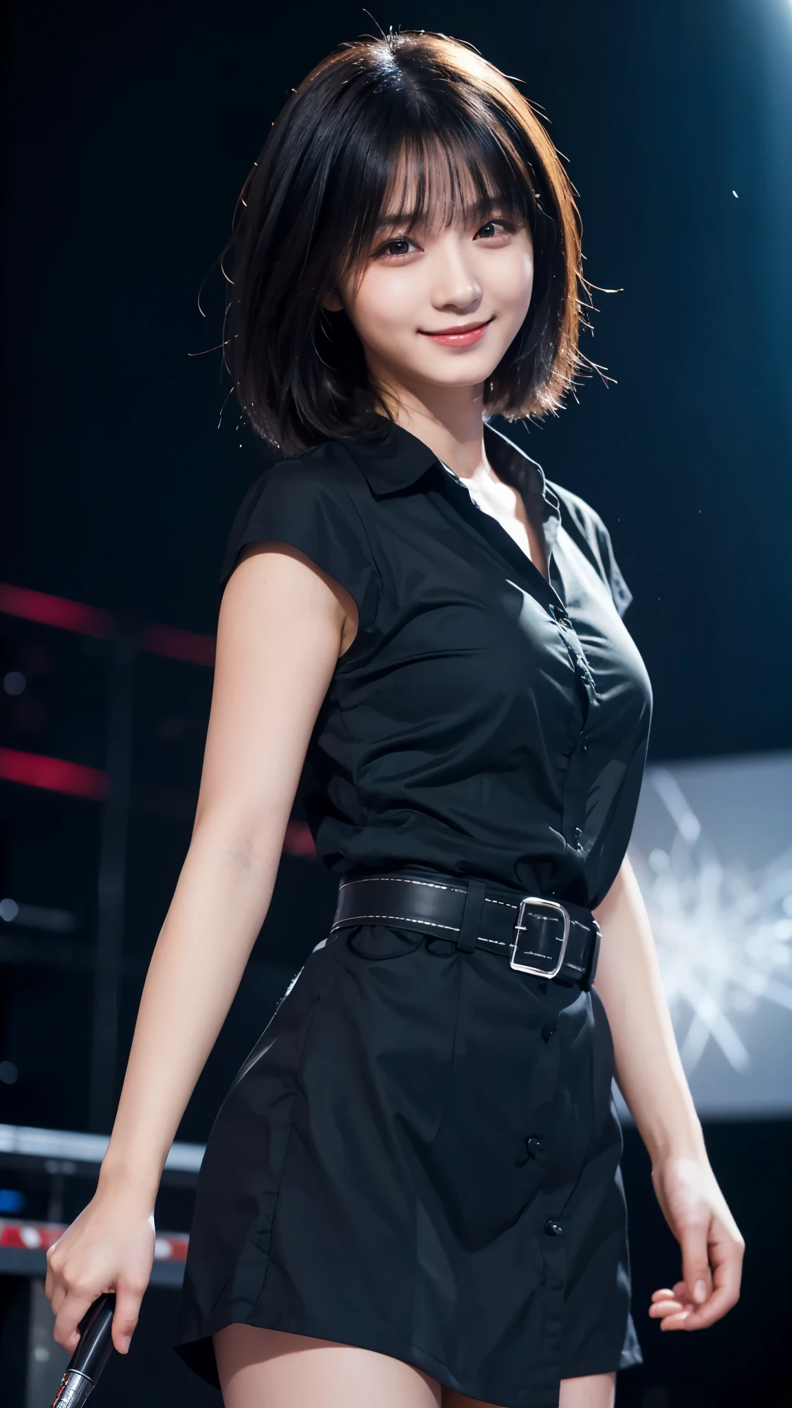 (highest quality,masterpiece:1.3,Ultra-high resolution),(Super detailed,Caustics,8k), (Photorealistic:1.4, RAW shooting),darkness,On stage,Japanese,20-year-old,smile,Black Hair Middle Hair,Black Shirt,Waist up shot