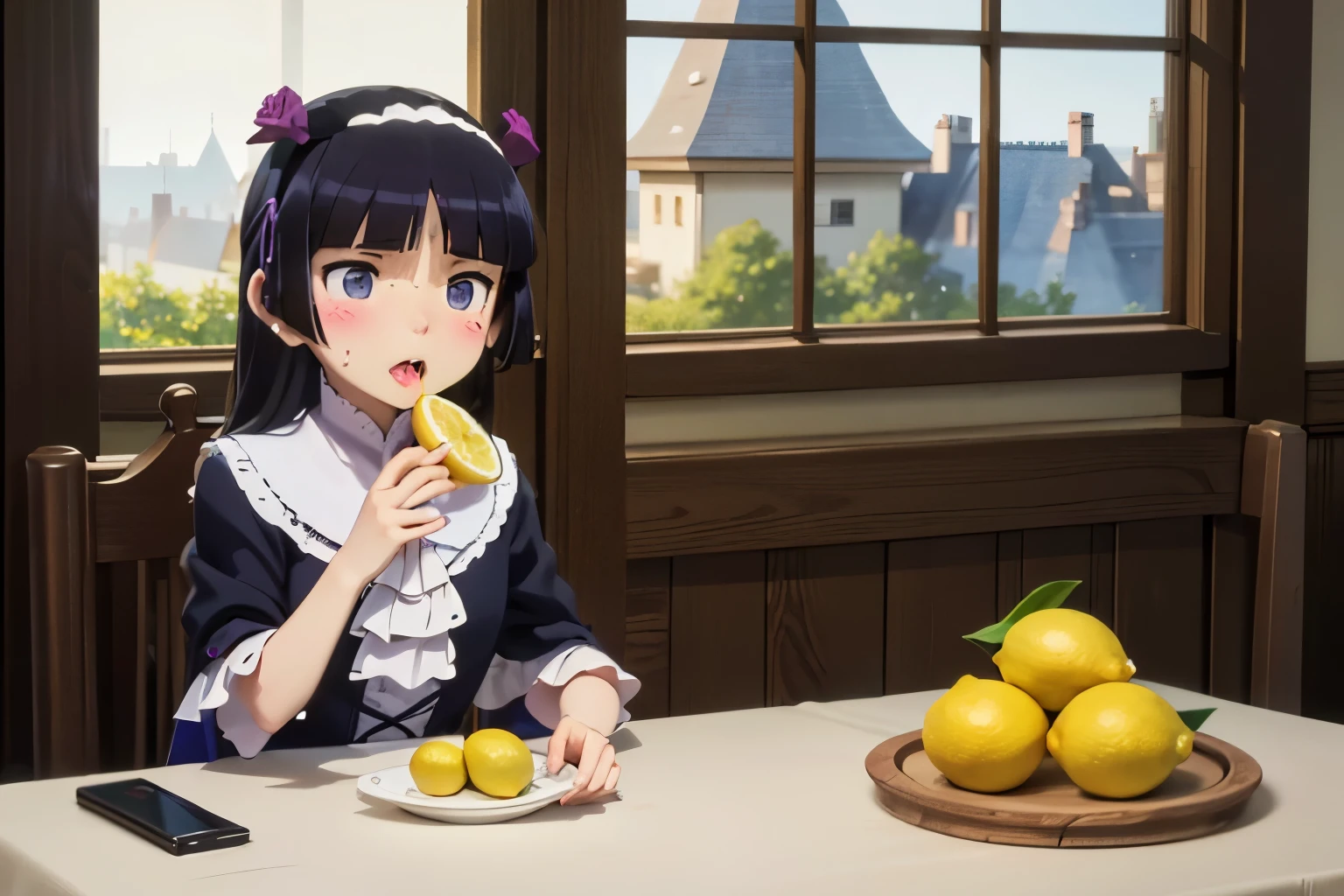 (lemon eating challenge), (ruri gokou), masterpiece, highest quality, One Girl, alone, Hime cut, Gothic ****ta, ****ta Fashion, head band,Open your mouth,tongue,food,(lemon), 小さいlemon, スライスされたlemon, lemon料理, (大量のlemon), Watery eye, Agony, acidity, sour, eat,shout, Overreaction, Different world, middle ages, temple