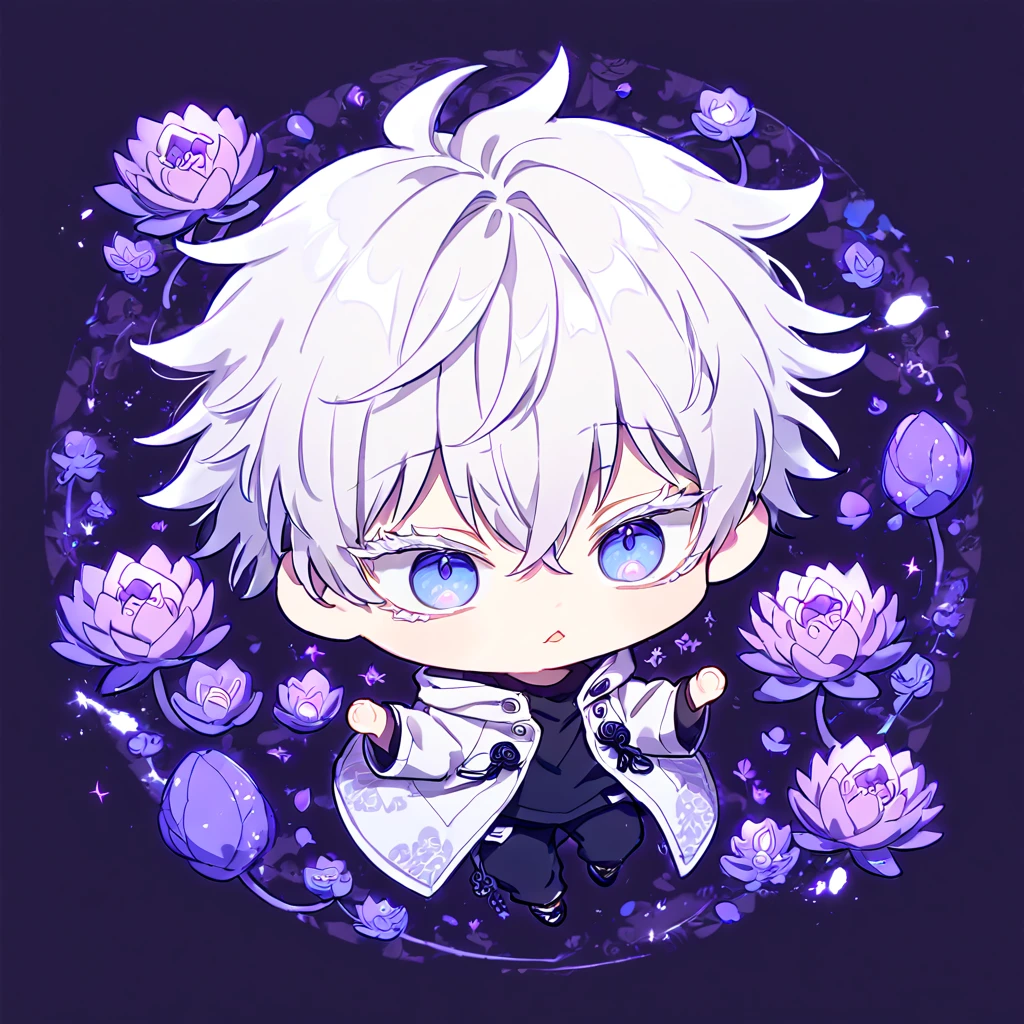 absurdres, highres, ultra detailed, HDR, master piece, best quality, Gojo Satoru chibi, white hair, with bangs, hair between the eyes, expressive blue eyes, white eyelashes, Jujutsu Kaisen, solo, cute, white jacket, black shirt, patterns, magical, fantasy, purple background, purple lotus, shining, purple petals