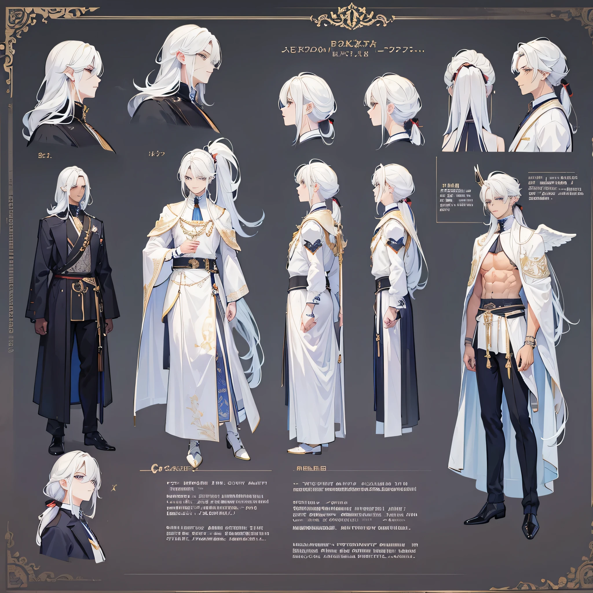 ((Masterpiece, Highest quality)), Male, boy, Detailed face, character design sheet,full bodyesbian, Full of details, frontal body view, back body view, Highly detailed, character sheet, reference sheet, character design, Many parts, dark skin, angel wings, white hair, angel outfit, Muscle boy with white long ponytail hair,handsome man, male angel , man tall, abs, pectoral muscle