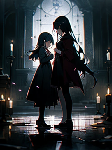 Create an image featuring two girls in a dark, candle-lit basement, One girl is (visibly crying and sad), overwhelmed by her emotions, The other girl is (magical girl who has succumbed to evil), (she stands behind the crying girl), her expression sinister as she attempts to turn the jewel on her chest black, symbolizing her fall from grace. The basement should be dimly lit, with numerous candles scattered on the floor, casting eerie shadows and creating a somber, mysterious atmosphere. The contrast between the two girls, one in despair and the other embodying darkness, should be striking and emotionally impactful.