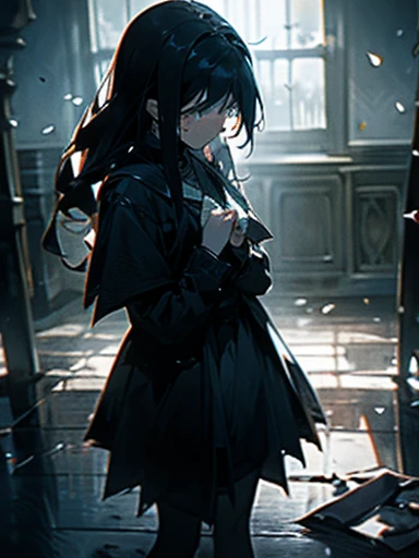 Create an image featuring two girls in a dark, candle-lit basement, One girl is (visibly crying and sad), overwhelmed by her emotions, The other girl is (magical girl who has succumbed to evil), (she stands behind the crying girl), her expression sinister as she attempts to turn the jewel on her chest black, symbolizing her fall from grace. The basement should be dimly lit, with numerous candles scattered on the floor, casting eerie shadows and creating a somber, mysterious atmosphere. The contrast between the two girls, one in despair and the other embodying darkness, should be striking and emotionally impactful.