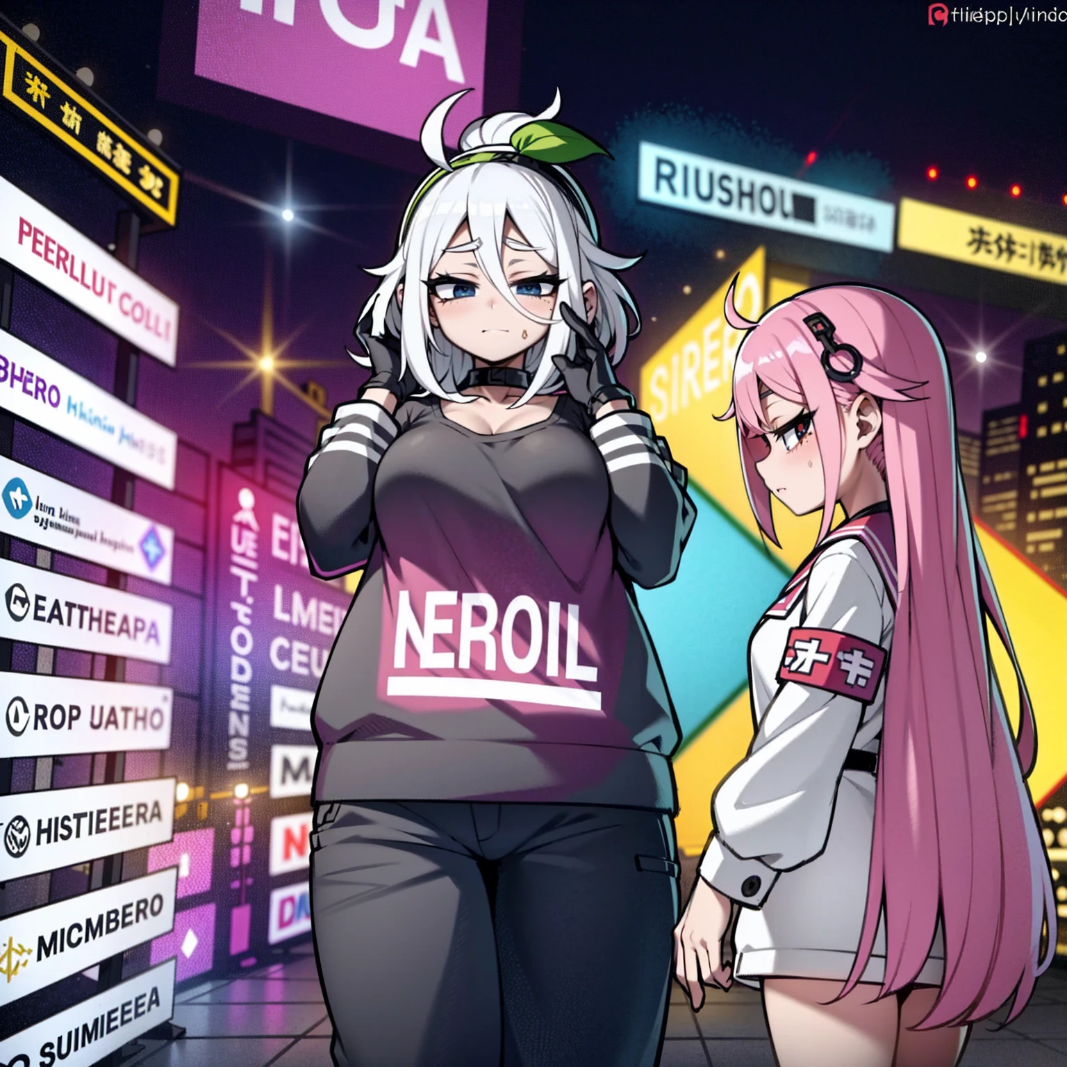 2 meninas、rainbow hair、parca、alpercatas、cabelos lisos、fones de ouvido、longo、(Sentado no meio da estrada)、a noite、neon、Times Square、ciberpunk、Harajuku、Pirulitos、garota da escola、Uma minissaia、colorido