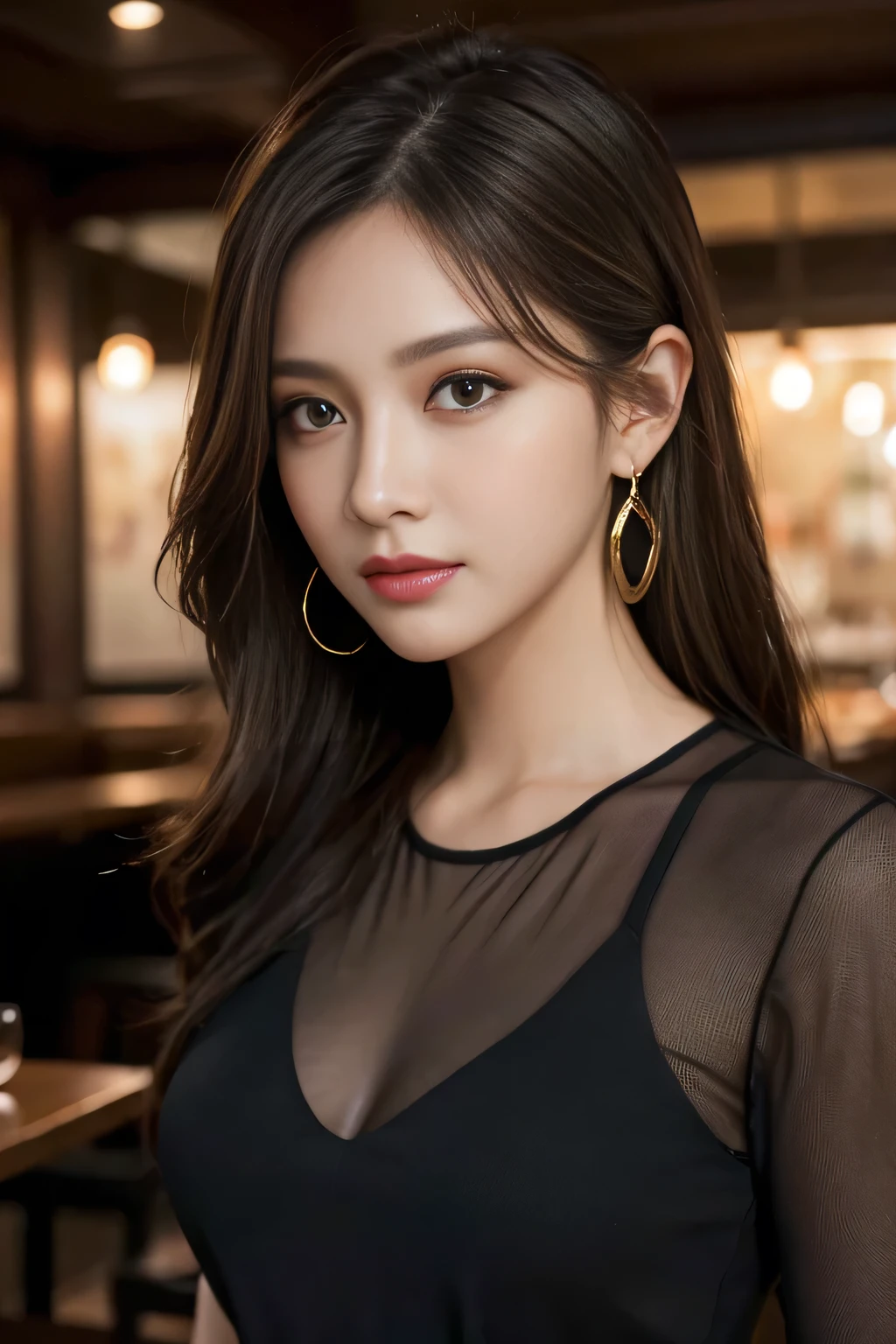 masterpiece, highest quality, Realistic, Very detailed, Finer details, High resolution, 8k wallpaper, One beautiful woman, Wear a black see-through shirt, In a great restaurant, At night, Light brown messy hair, Perfect dynamic composition, Beautiful and beautiful eyes、Big earrings