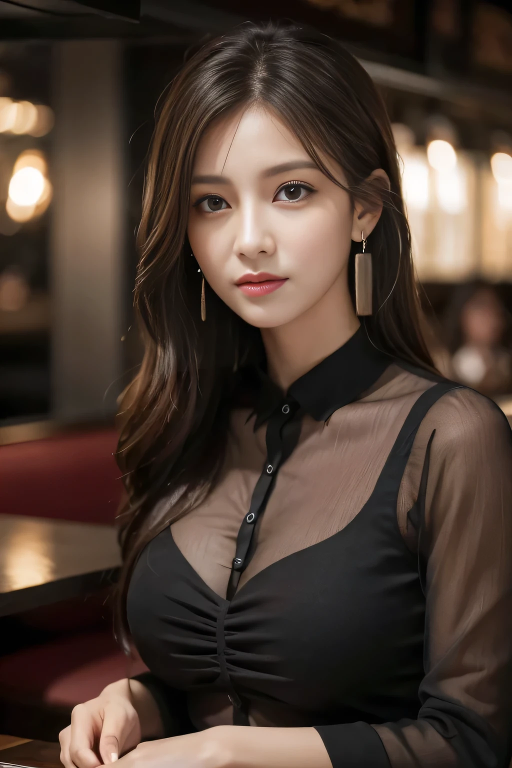 masterpiece, highest quality, Realistic, Very detailed, Finer details, High resolution, 8k wallpaper, One beautiful woman, Wear a black see-through shirt, In a great restaurant, At night, Light brown messy hair, Perfect dynamic composition, Beautiful and beautiful eyes、Big earrings
