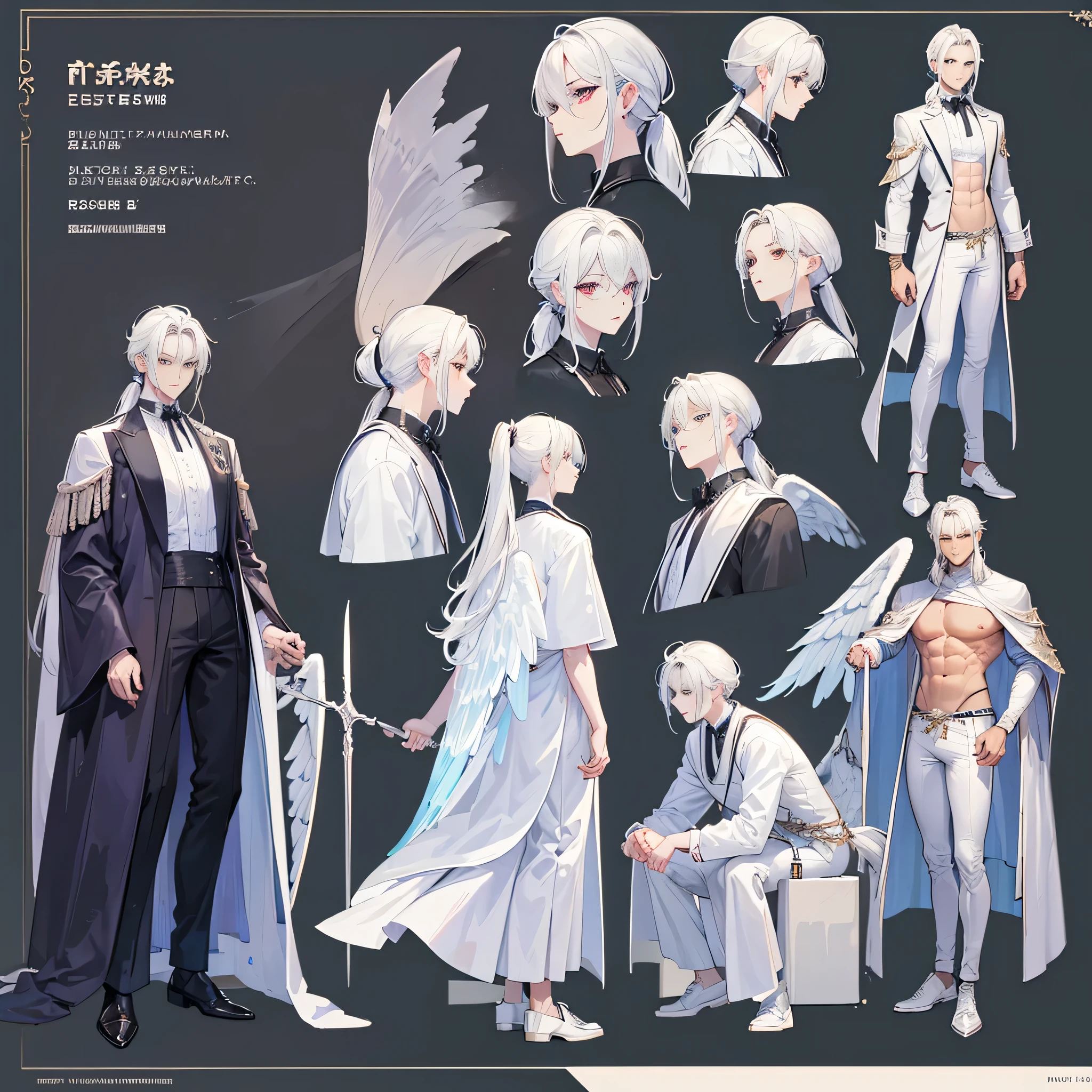 ((Masterpiece, Highest quality)), Male, boy, Detailed face, character design sheet，full bodyesbian, Full of details, frontal body view, back body view, Highly detailed, character sheet, reference sheet, character design, Many parts, dark skin, angel wings, white hair, angel outfit, Muscle boy with white long ponytail hair，handsome man, male angel , man tall, abs, pectoral muscle