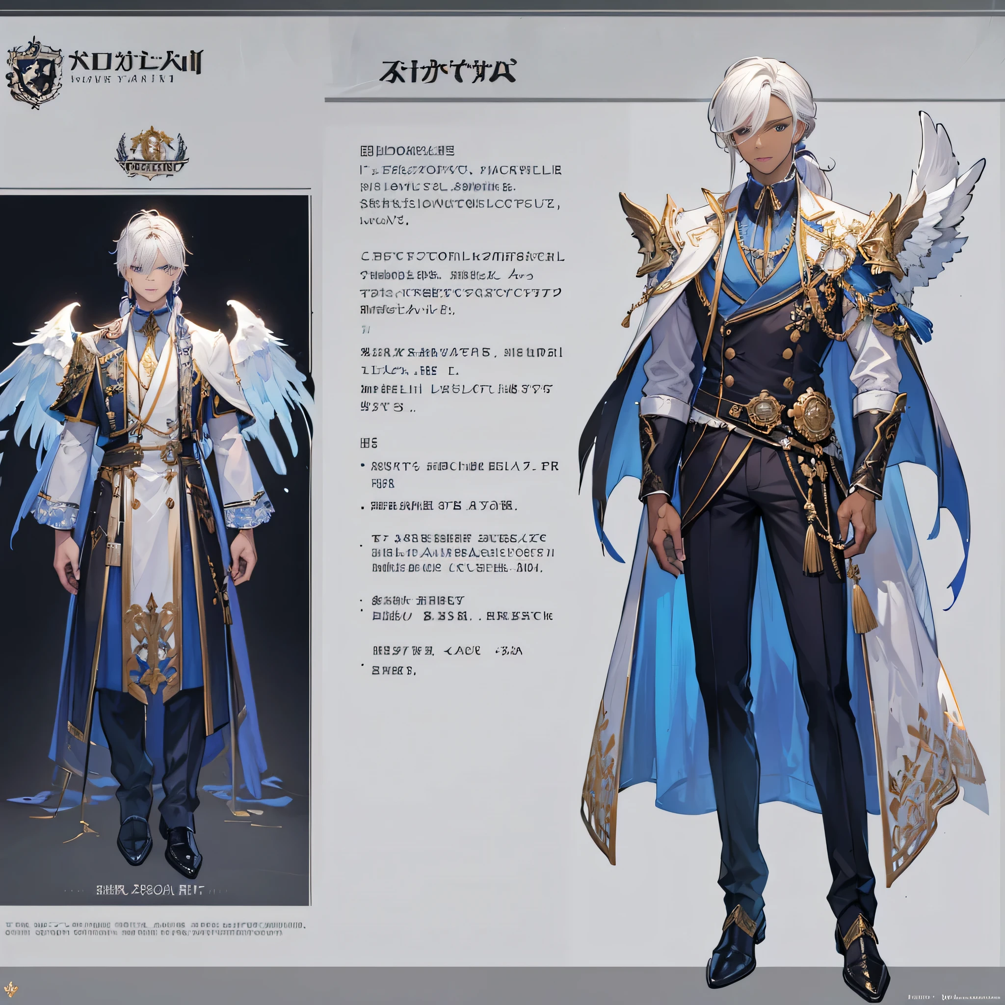 ((Masterpiece, Highest quality)), Male, boy, Detailed face, character design sheet,full bodyesbian, Full of details, frontal body view, back body view, Highly detailed, character sheet, reference sheet, character design, Many parts, dark skin, angel wings, white hair, angel outfit, Muscle boy with white long ponytail hair,handsome man, male angel , man tall, abs, pectoral muscle