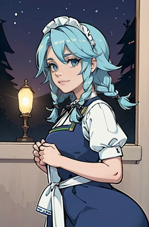 (Obra de arte, arte oficial), 1 garota, Sozinho, cabelo branco, side braids, olhos azuis, (Sakuya Izayoi:1.2), (housekeeper dress), (fechar-se), retrato, (housekeeper), standing, Vista de frente, in the mansion, Gensokyo, at night, escuro, luar, olhando para o espectador, (tronco), sorriso, sedutor, traje atraente, magro, delgado, seios grandes