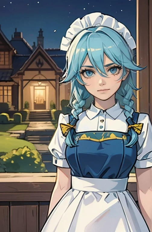 (Obra de arte, arte oficial), 1 garota, Sozinho, cabelo branco, side braids, olhos azuis, (Sakuya Izayoi:1.2), (housekeeper dress), (fechar-se), retrato, (housekeeper), standing, Vista de frente, in the mansion, Gensokyo, at night, escuro, luar, olhando para o espectador, (tronco), sorriso, sedutor, traje atraente, magro, delgado, seios grandes