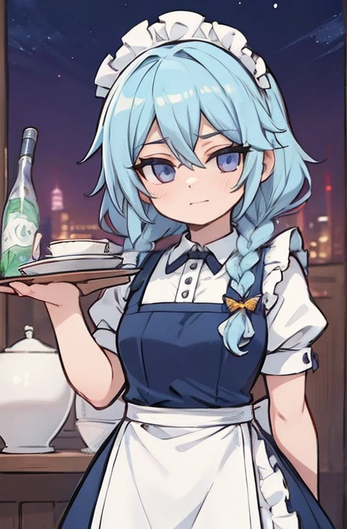 (Obra de arte, arte oficial), 1 garota, Sozinho, cabelo branco, side braids, olhos azuis, (Sakuya Izayoi:1.2), (housekeeper dress), (fechar-se), retrato, (housekeeper), standing, Vista de frente, in the mansion, Gensokyo, at night, escuro, luar, olhando para o espectador, (tronco), sorriso, sedutor, traje atraente, magro, delgado, seios grandes