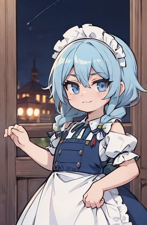 (Obra de arte, arte oficial), 1 garota, Sozinho, cabelo branco, side braids, olhos azuis, (Sakuya Izayoi:1.2), (housekeeper dress), (fechar-se), retrato, (housekeeper), standing, Vista de frente, in the mansion, Gensokyo, at night, escuro, luar, olhando para o espectador, (tronco), sorriso, sedutor, traje atraente, magro, delgado, seios grandes