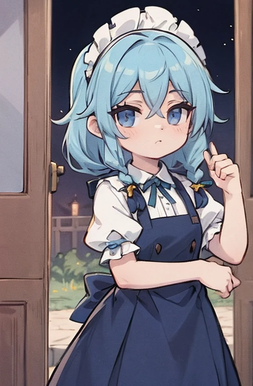 (Obra de arte, arte oficial), 1 garota, Sozinho, cabelo branco, side braids, olhos azuis, (Sakuya Izayoi:1.2), (housekeeper dress), (fechar-se), retrato, (housekeeper), standing, Vista de frente, in the mansion, Gensokyo, at night, escuro, luar, olhando para o espectador, (tronco), sorriso, sedutor, traje atraente, magro, delgado, seios grandes