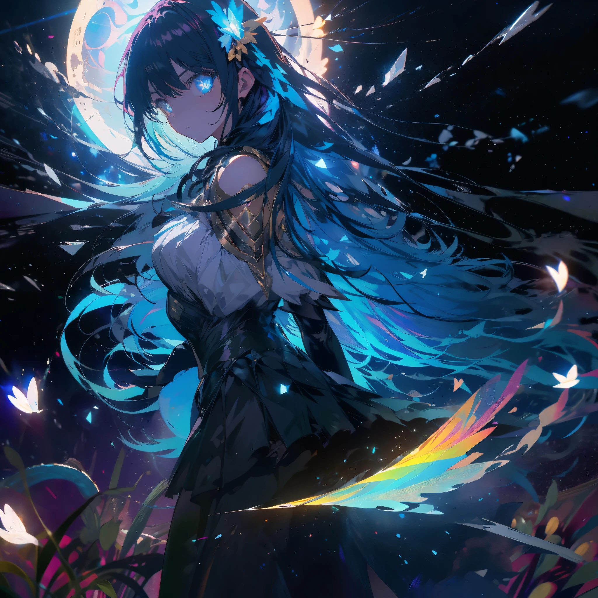 ((Fantasy　Long Hair　Light blue eyes　Rainbow Hair　Black Dress　Archangel))　((night　Western style　Shining Aura　Face is close　Standing in a flower field))Distorted Space-Time　explosion　rupture　Hold the crystal and hold it up to the sky　Broken glass　Big ribbon　Big Moon　First magnitude star　Light shines in　Catch the wind　Tense face　Shining Edge　Reflection of light　Bathed in light　Emit an aura　Look over　smile　On the water　horizontal line　constellation　Planetarium